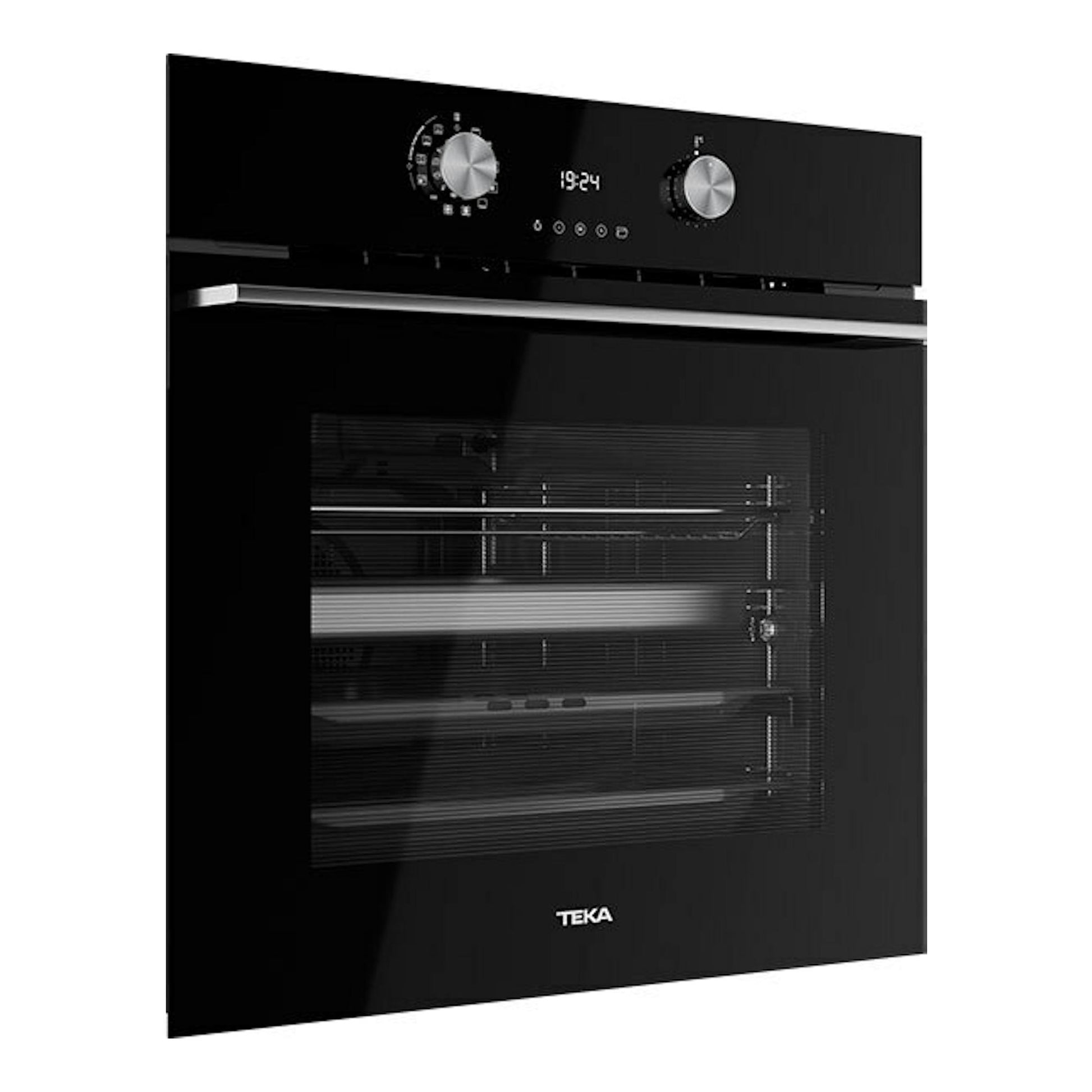 Horno empotrable Teka HLB8550 de cristal negro, vista frontal, con dos mandos y pantalla digital.