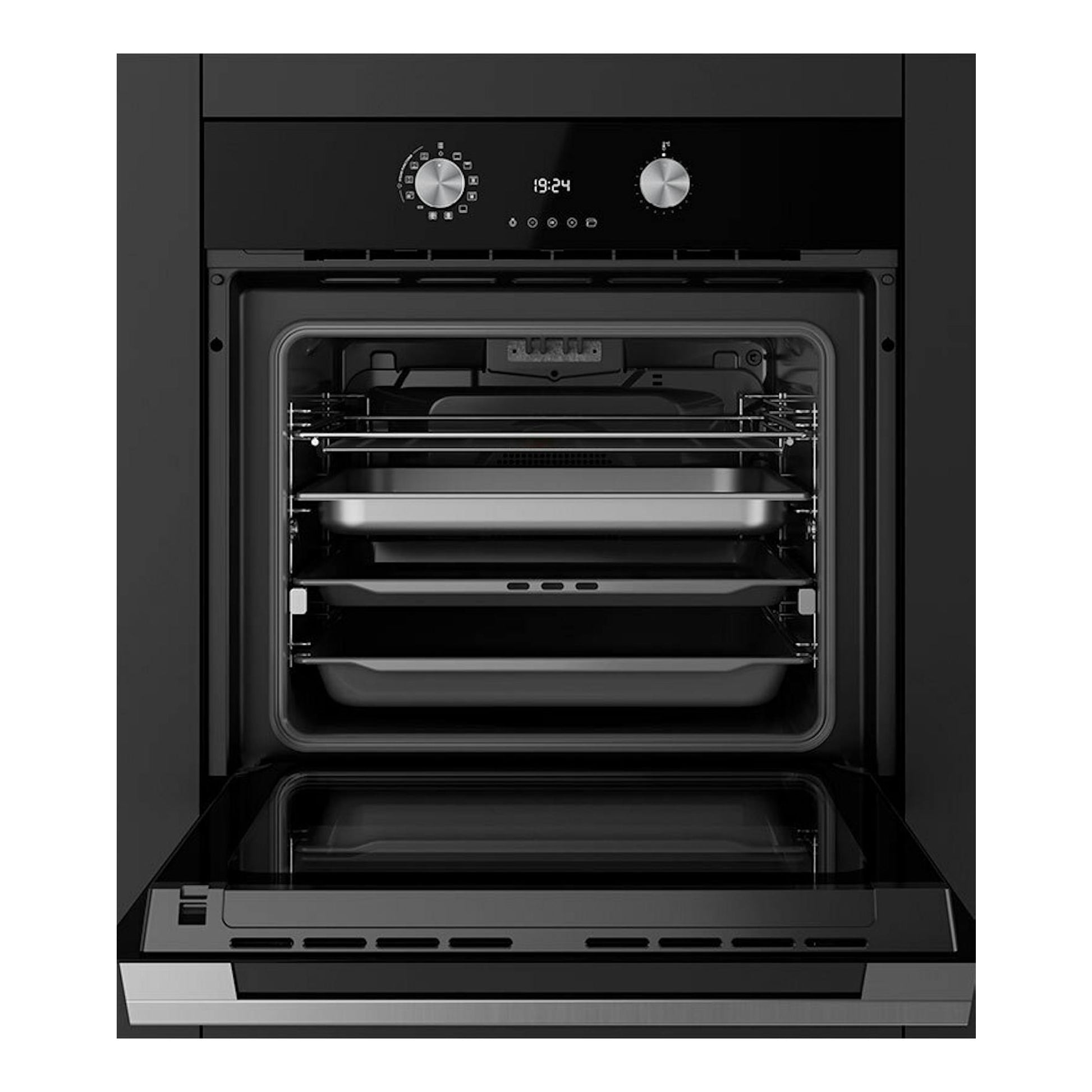 Horno empotrable Teka HLB8550 de cristal negro, vista frontal, con puerta abierta, dos mandos y pantalla digital.