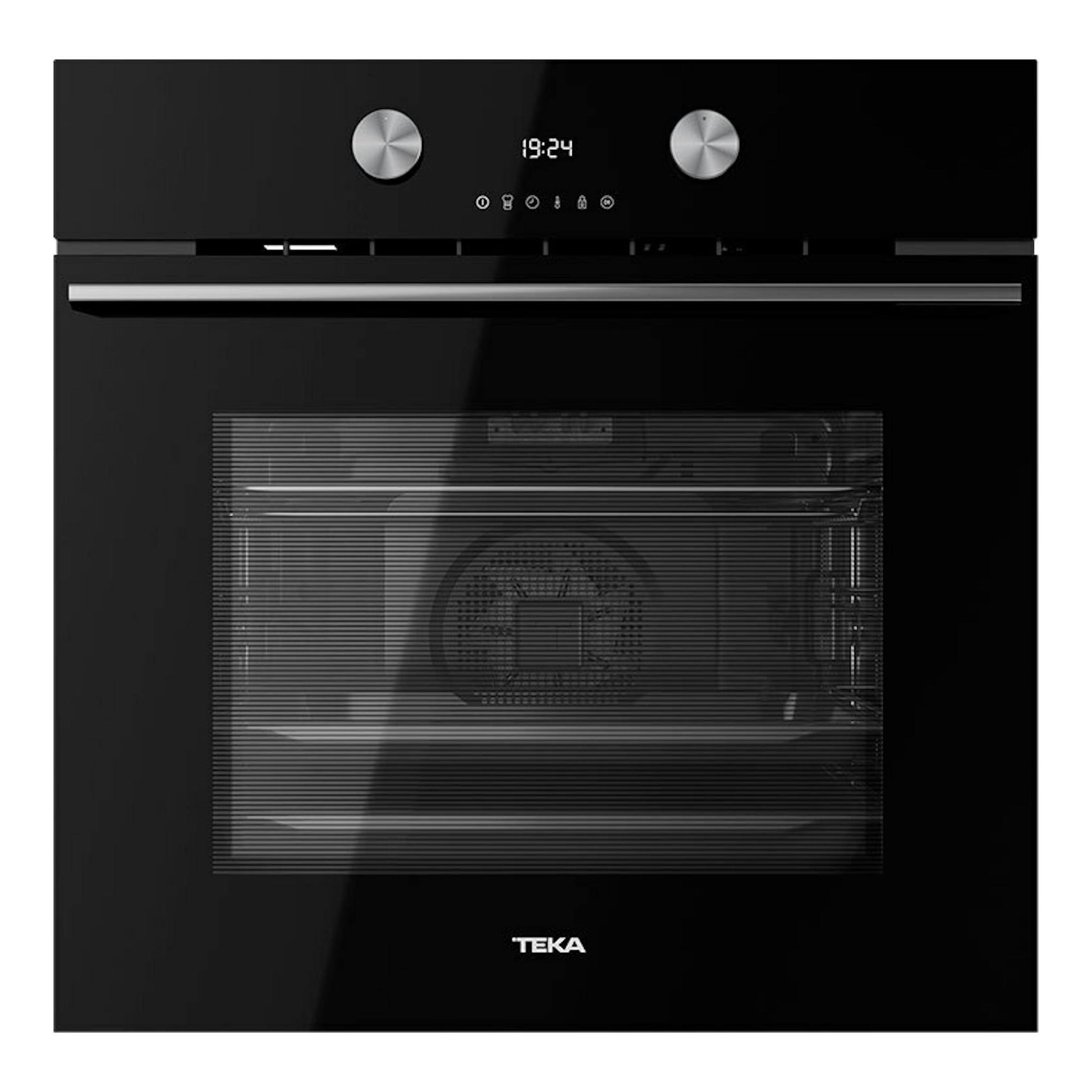 Horno empotrable Teka HLB8700P negro, vista frontal, con dos mandos y display digital.