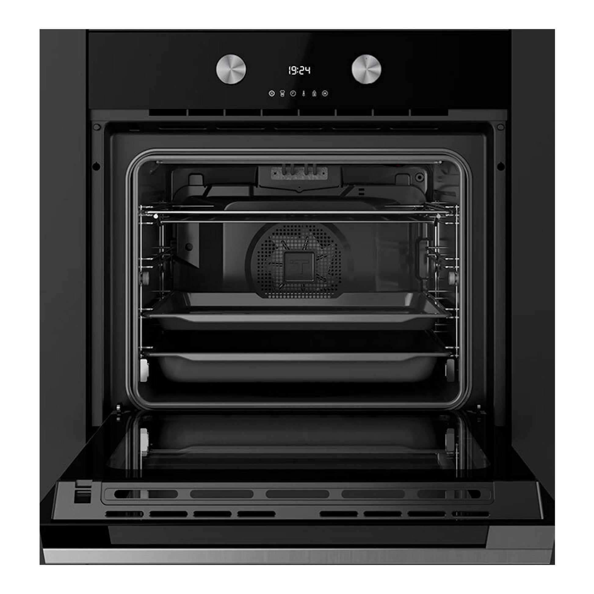 Horno empotrable Teka HLB8700P negro, vista frontal con la puerta abierta y el interior visible.