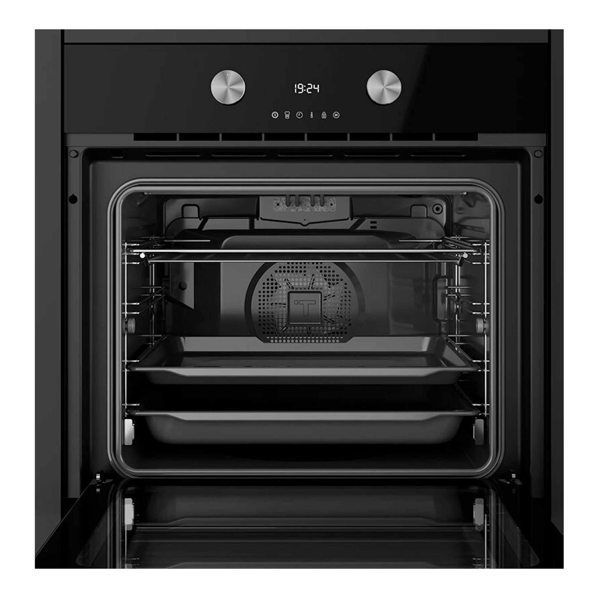 Horno Teka HLB8700P negro, vista frontal con puerta abierta y cavidad interior visible.
