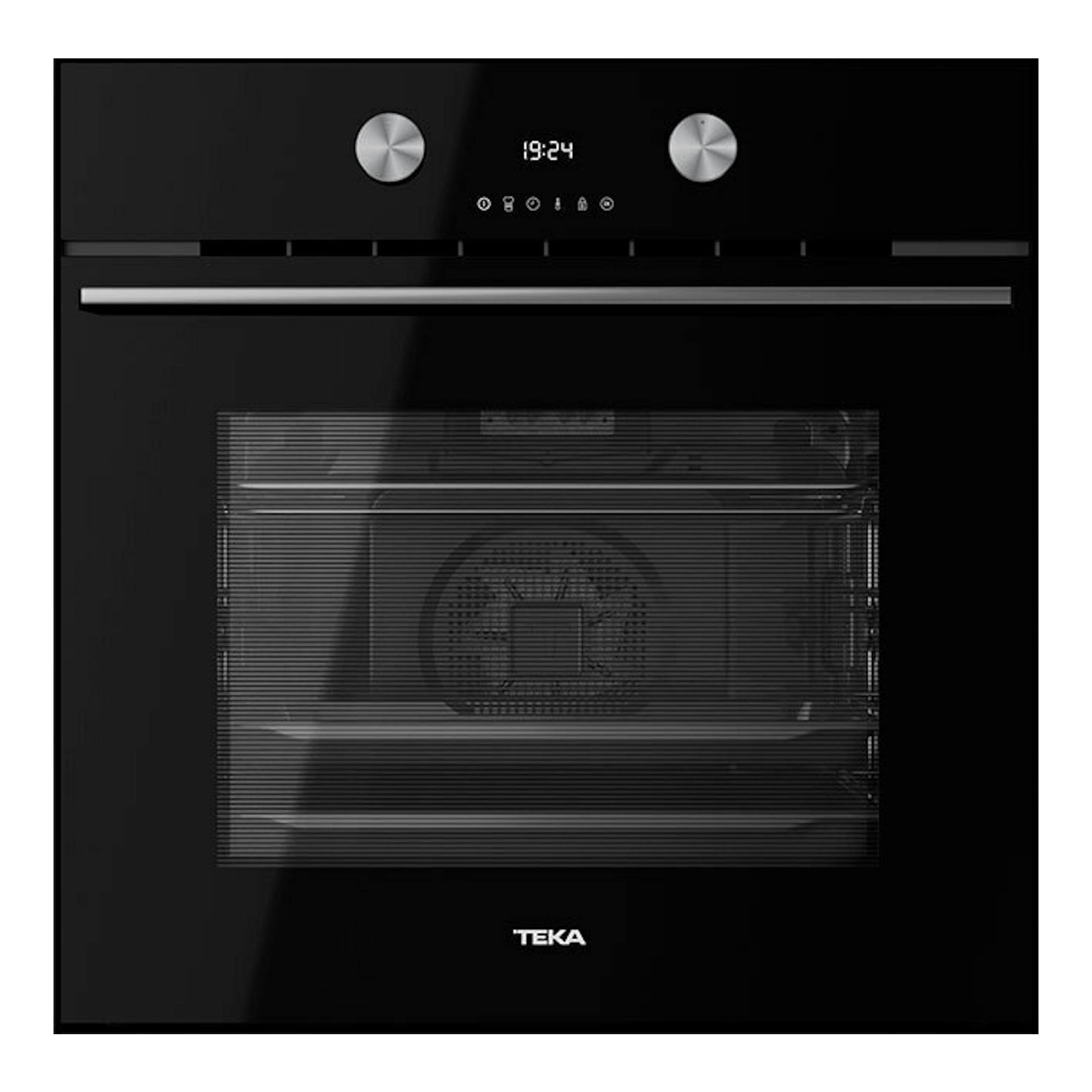 Horno empotrable Teka HLB8700P negro, vista frontal, con dos mandos plateados y display digital.
