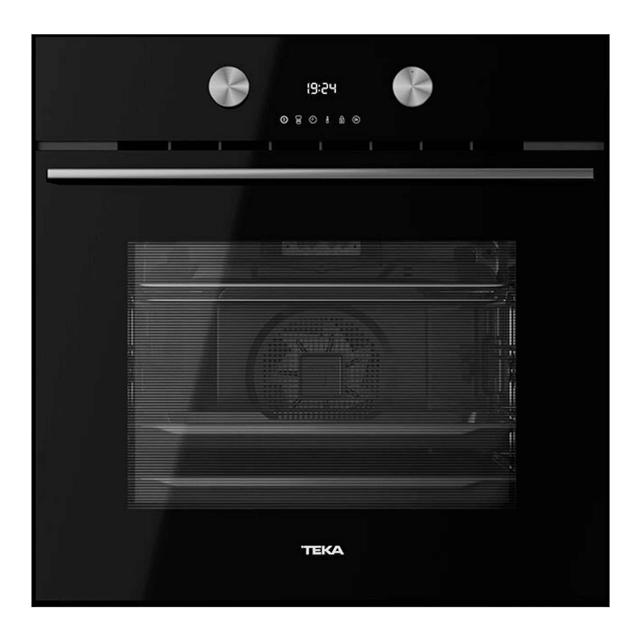 Horno empotrable Teka HLB8700P negro, vista frontal, con dos mandos plateados y display digital.