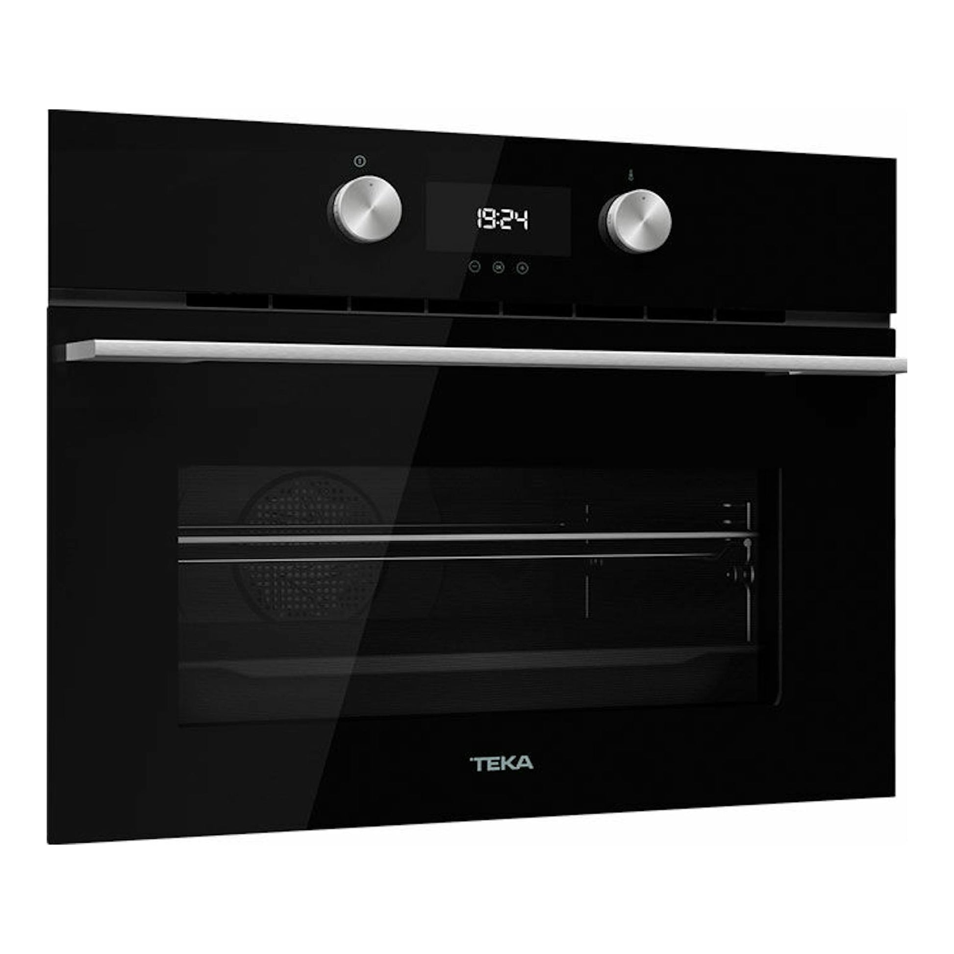 Horno Teka HLC8400 BK negro, vista frontal, con panel digital, dos mandos plateados y puerta de cristal.