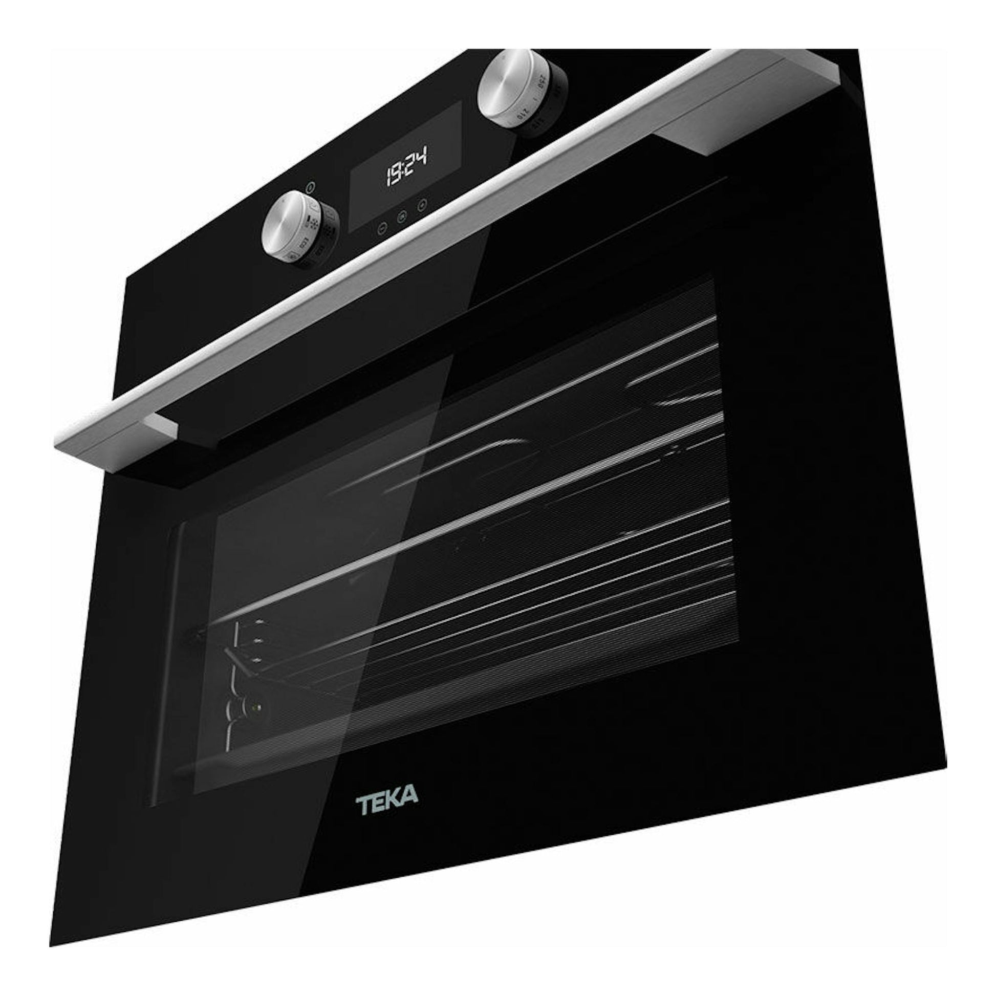 Horno Teka HLC8400 BK negro, vista frontal inclinada, con puerta de cristal, panel digital y mandos plateados.