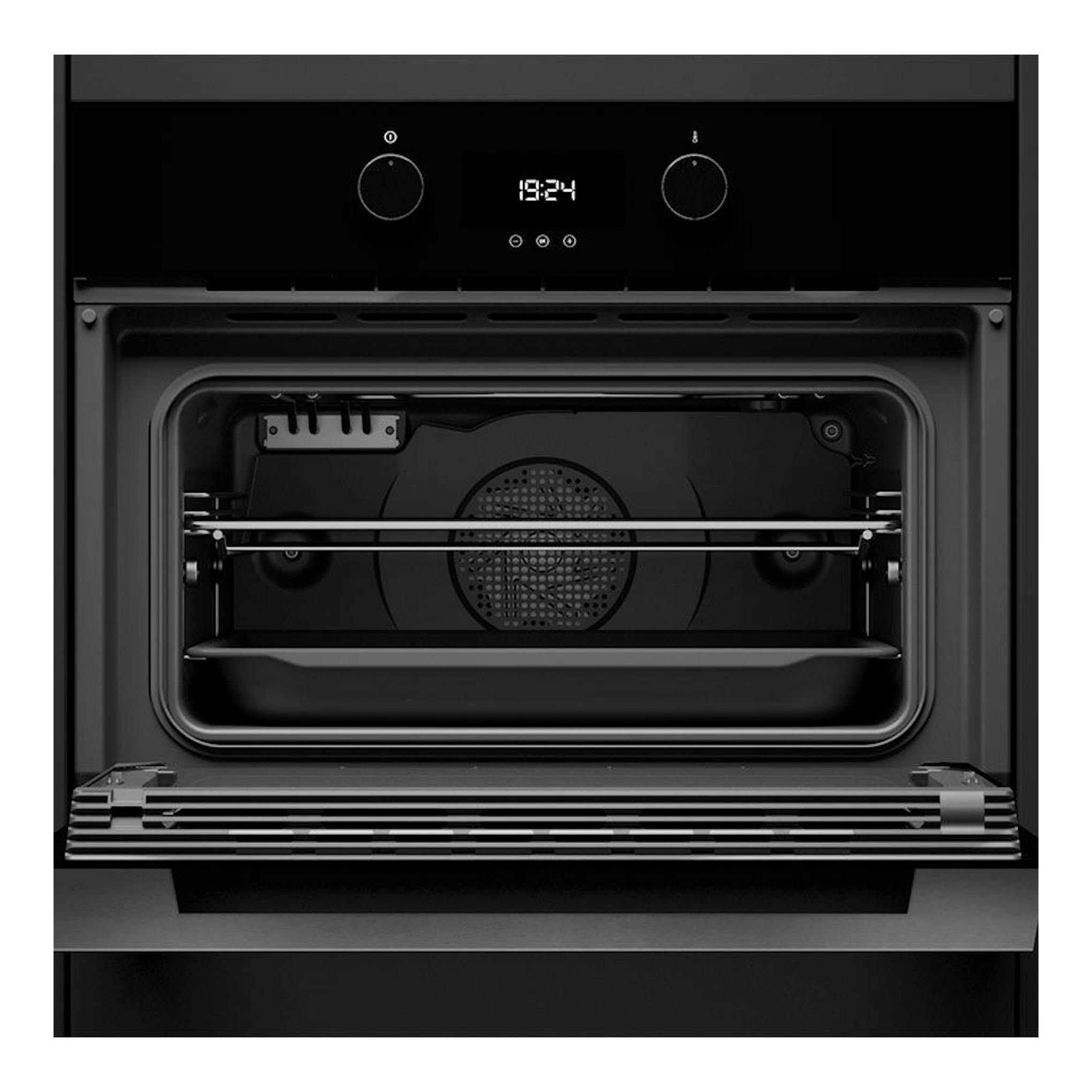 Horno Teka HLC8400 BK negro, vista frontal con la puerta abatida y el interior visible.