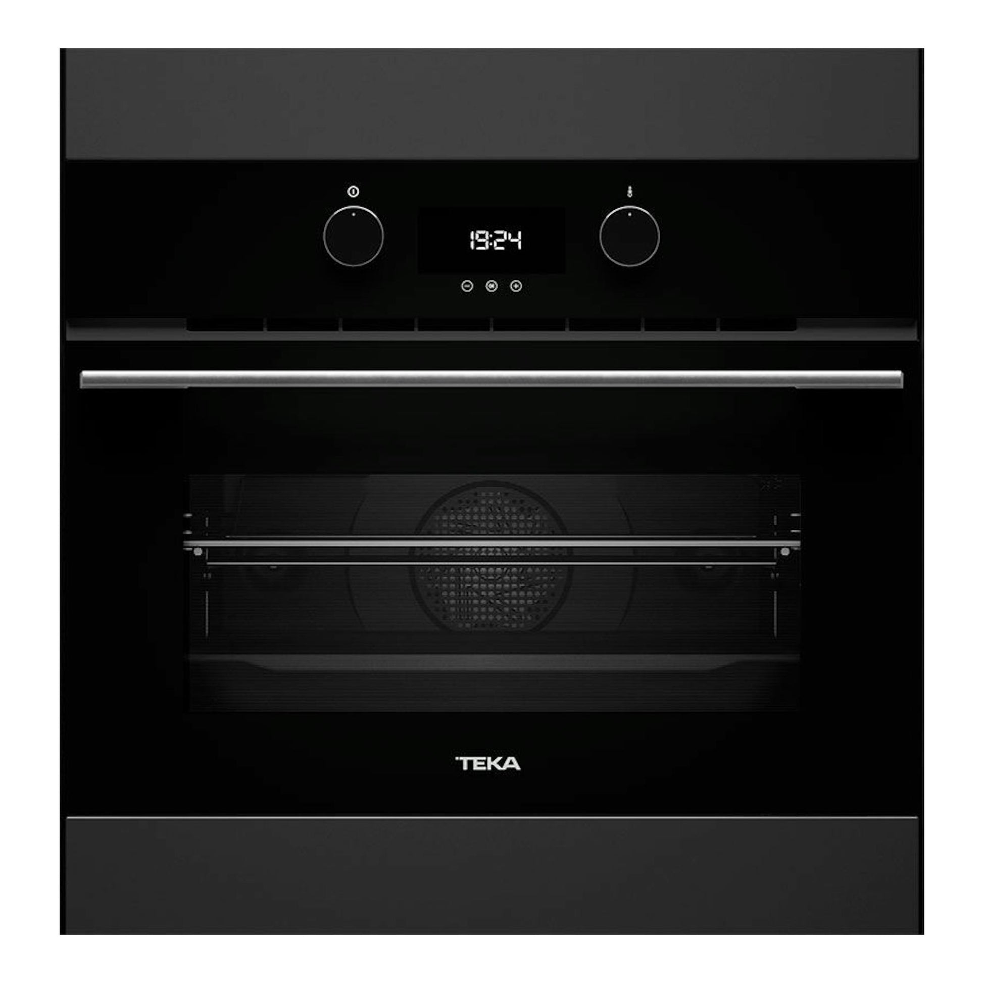 Horno empotrable Teka HLC8400 BK negro, vista frontal con display digital y dos mandos.
