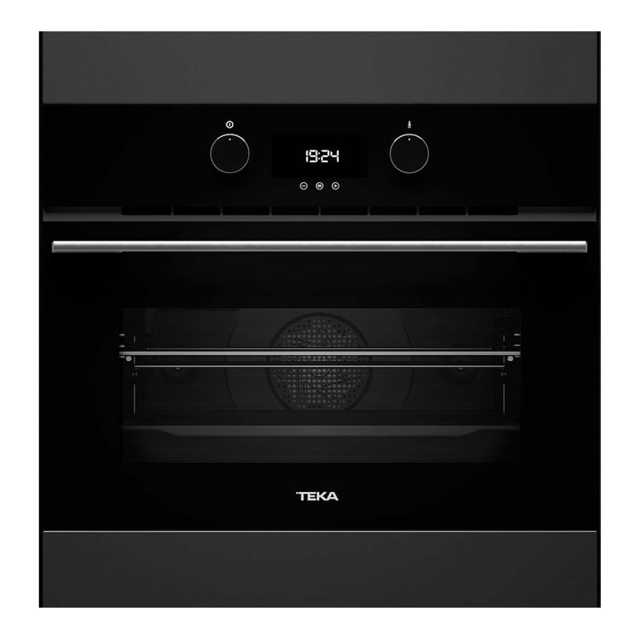 Horno empotrable Teka HLC8400 BK negro, vista frontal con display digital y dos mandos.