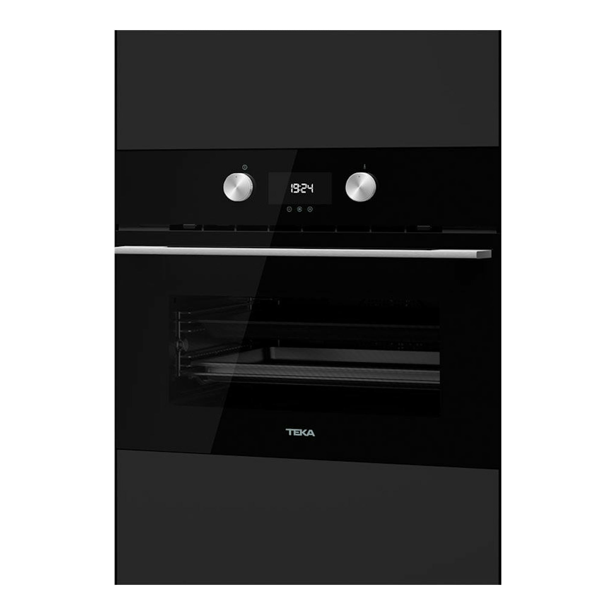 Horno empotrable Teka HLC8400 BK negro, vista frontal, con dos mandos, pantalla digital y puerta de cristal.
