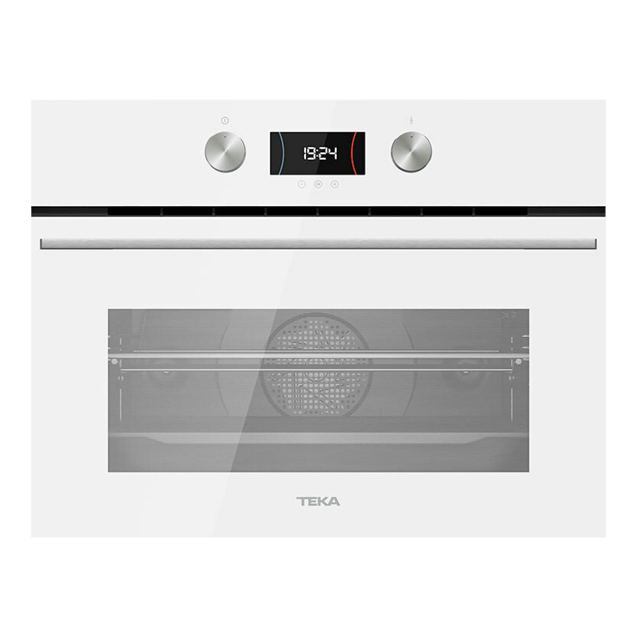 Horno empotrable Teka HLC8400 WH blanco, vista frontal, con dos mandos, pantalla digital y puerta de cristal.