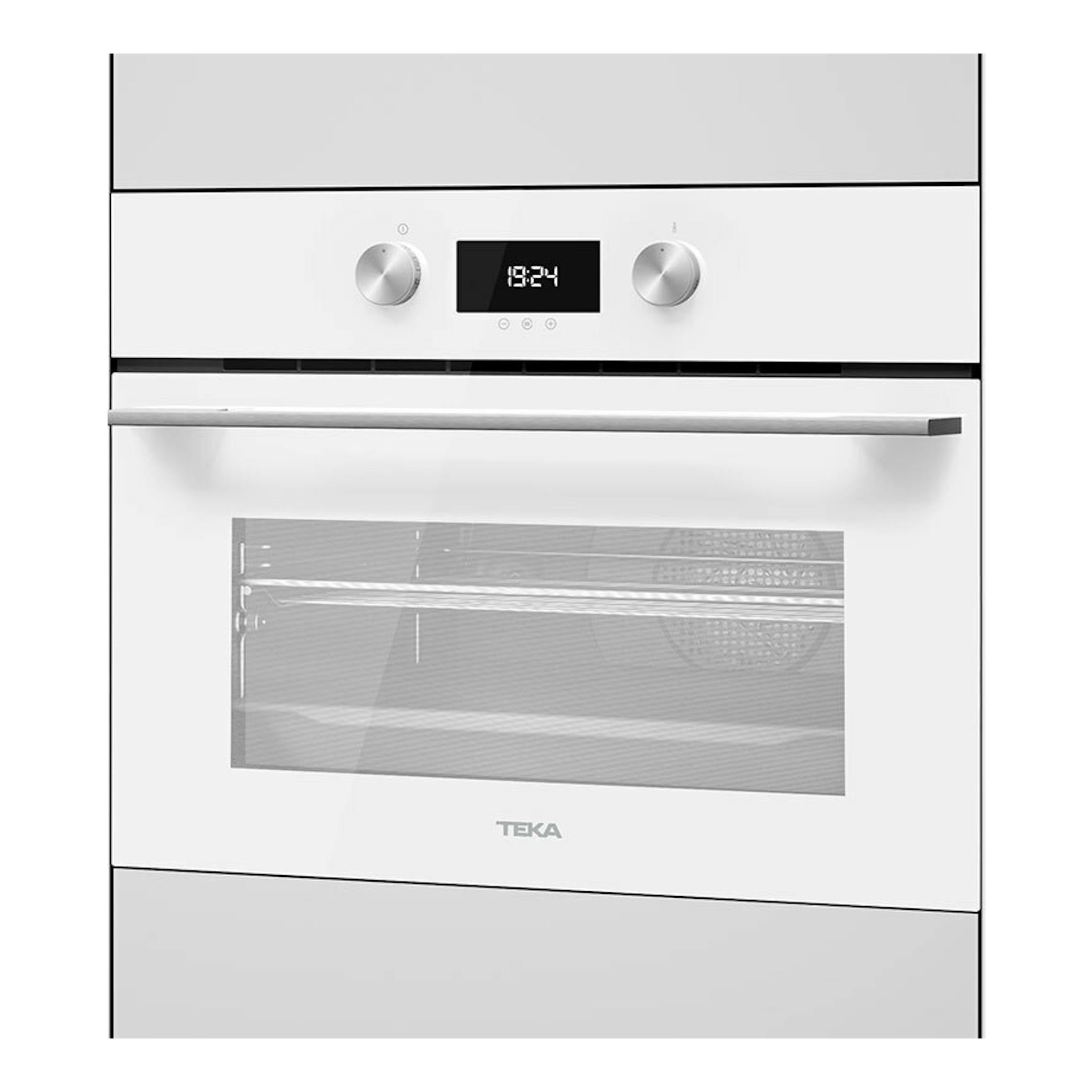 Horno empotrado Teka HLC8400 WH blanco, vista frontal, con pantalla digital y dos mandos.