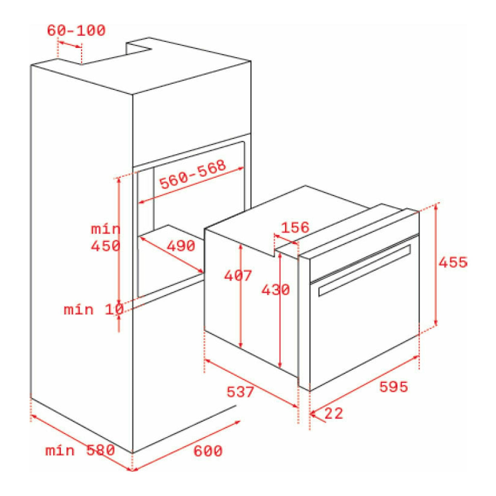 Diagrama técnico isométrico del horno Teka HLC8400 WH blanco, con medidas de encastre.
