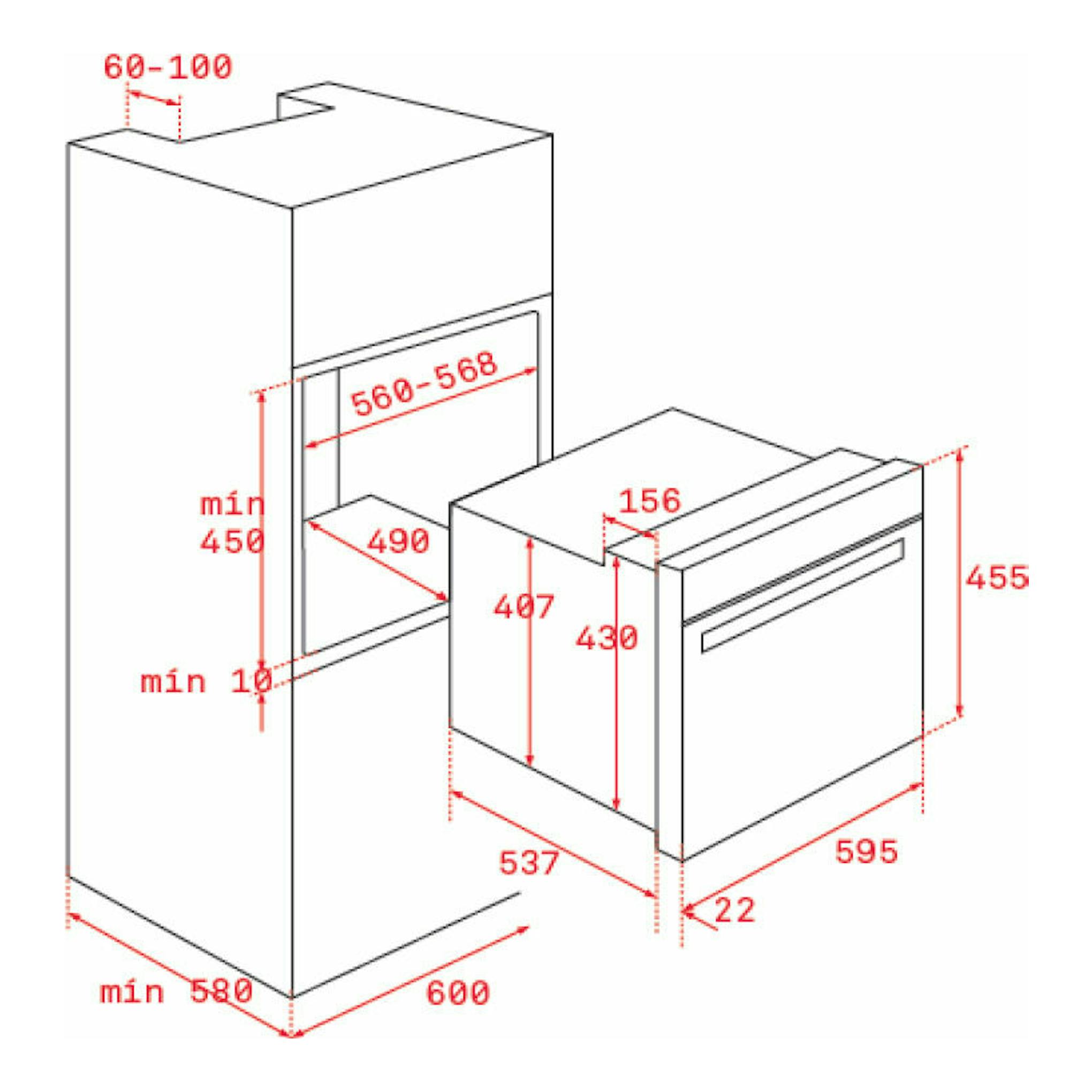 Diagrama técnico isométrico del horno Teka HLC8400 WH blanco, con medidas de encastre.