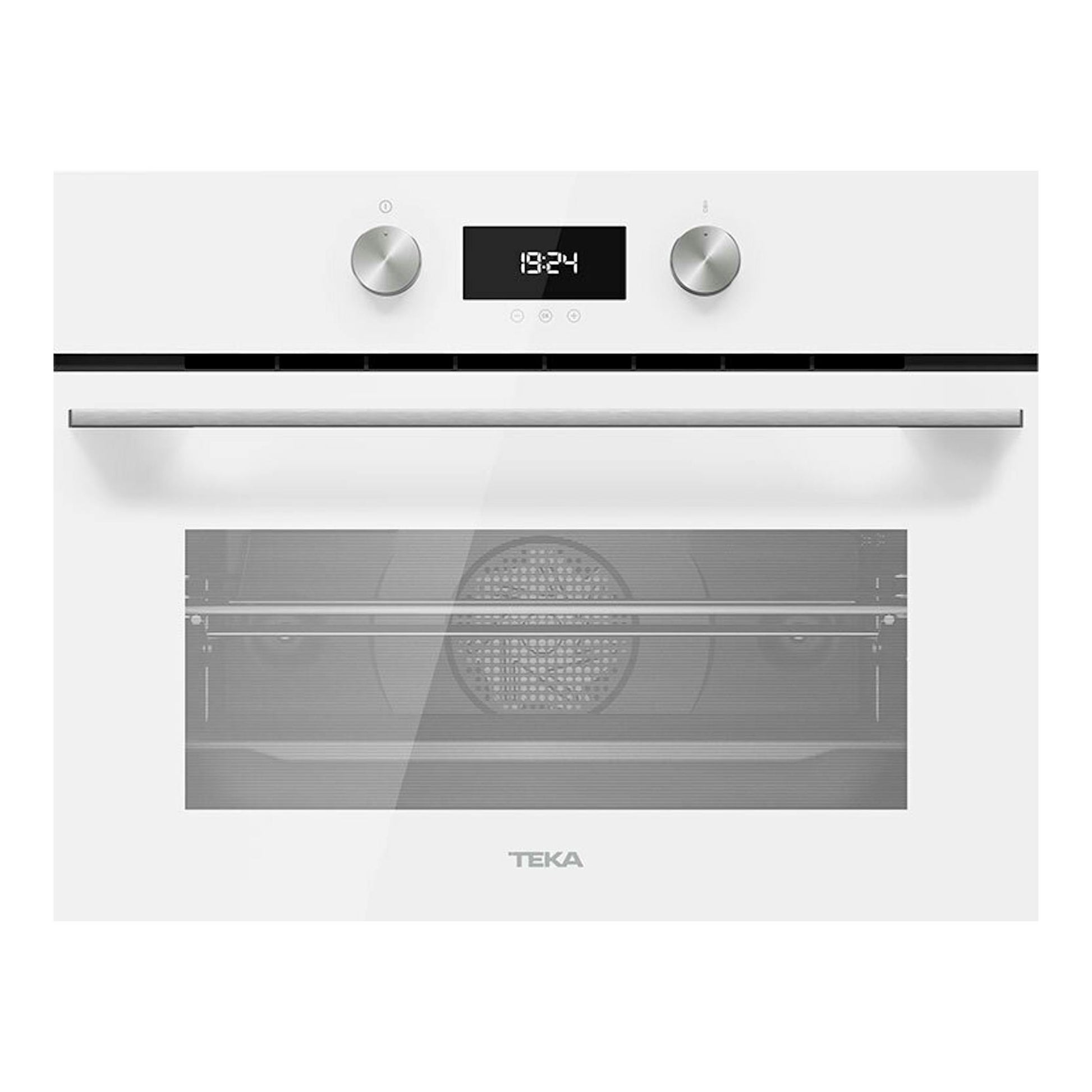 Horno empotrable Teka HLC8400 WH blanco, vista frontal con panel digital y dos mandos.
