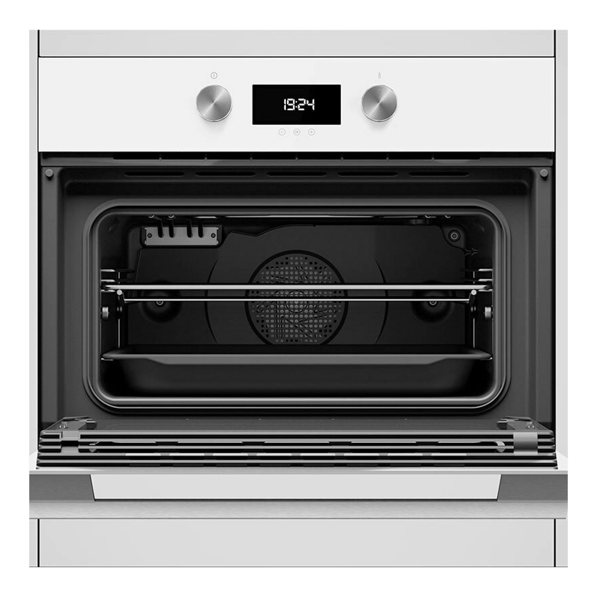 Horno Teka HLC8400 WH blanco, vista frontal con puerta abierta, display digital y dos mandos.