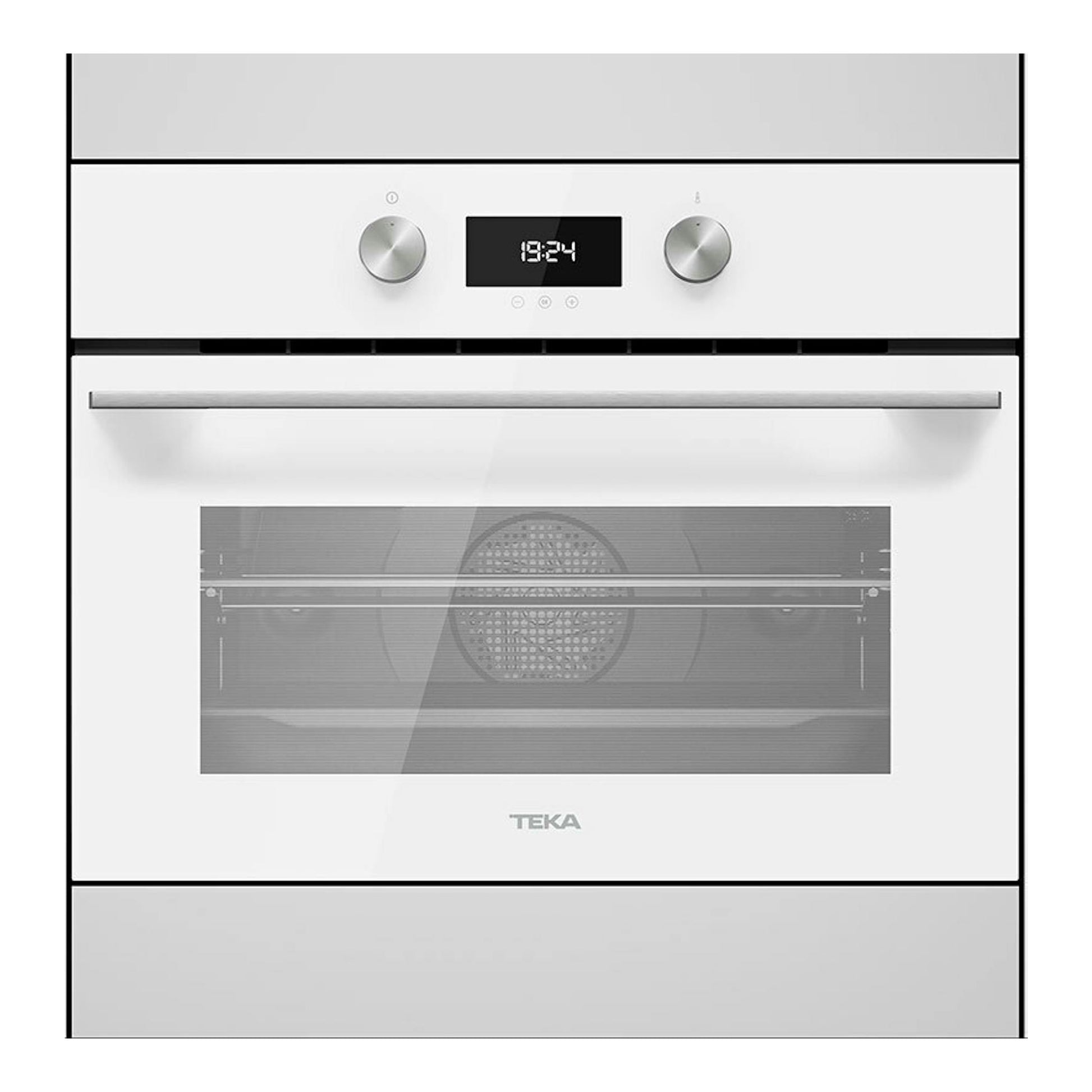 Horno empotrable Teka HLC8400 WH blanco, vista frontal, con display digital y dos mandos plateados.