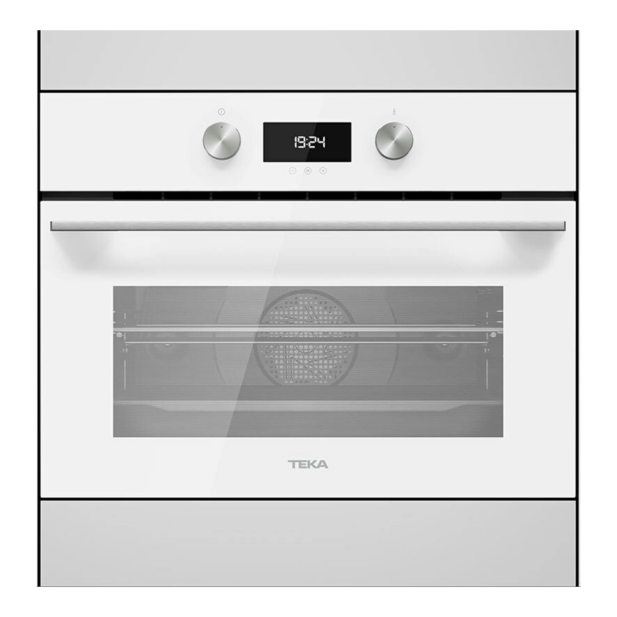 Horno empotrable Teka HLC8400 WH blanco, vista frontal, con display digital y dos mandos plateados.