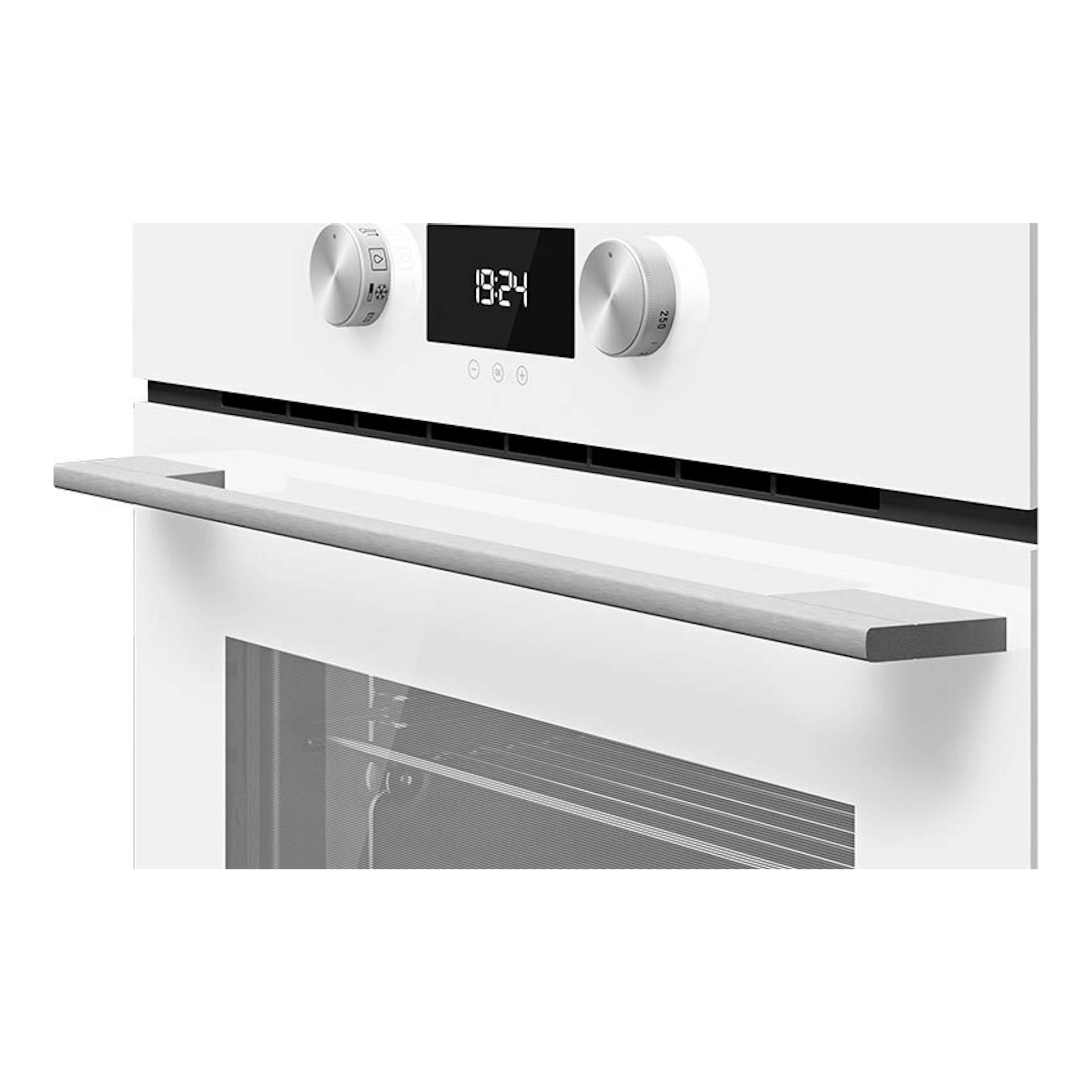 Horno Teka HLC8400 WH blanco, vista frontal, puerta abierta, display central y dos mandos.
