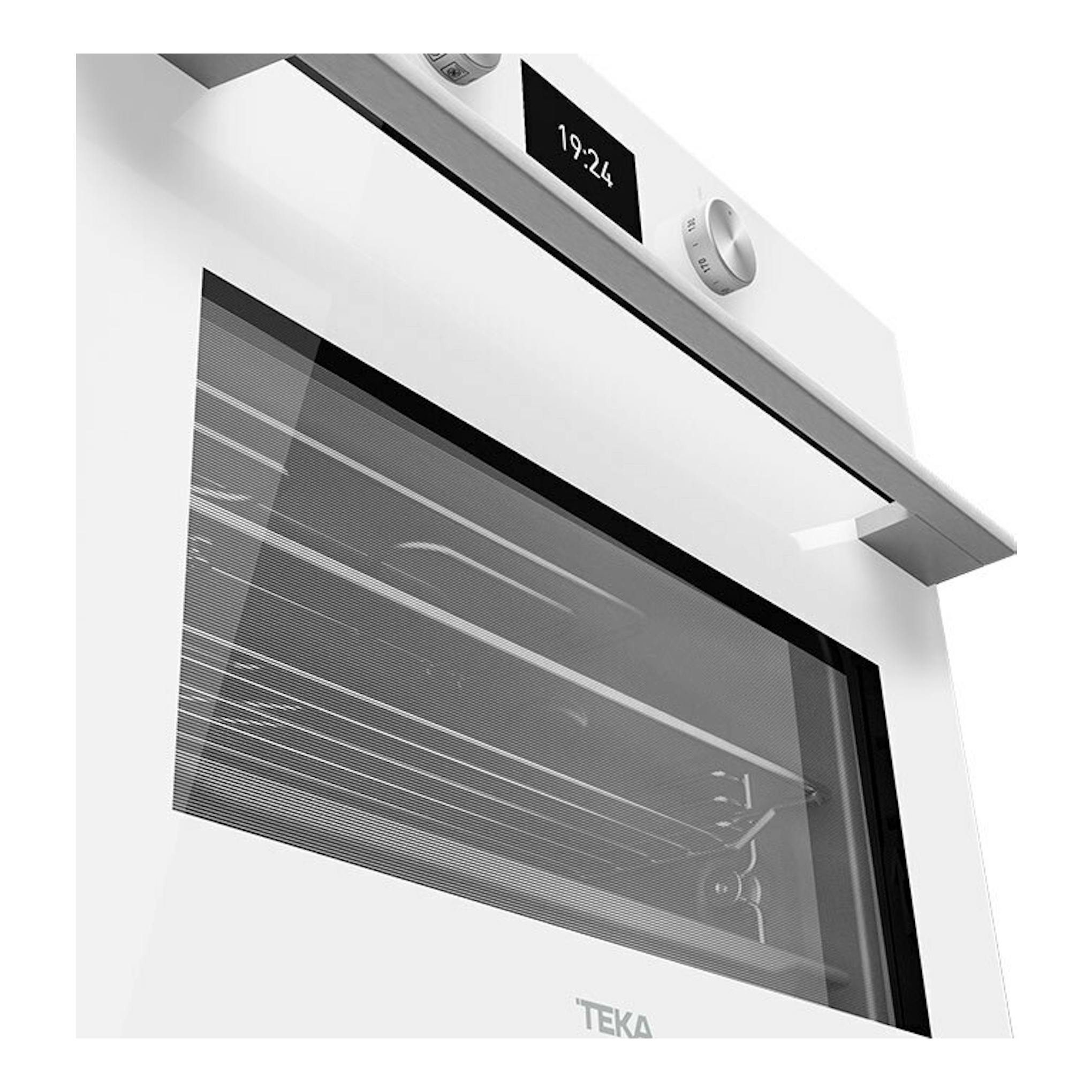 Horno empotrable Teka HLC8400 WH blanco, vista frontal en ángulo, con puerta de vidrio y panel digital.