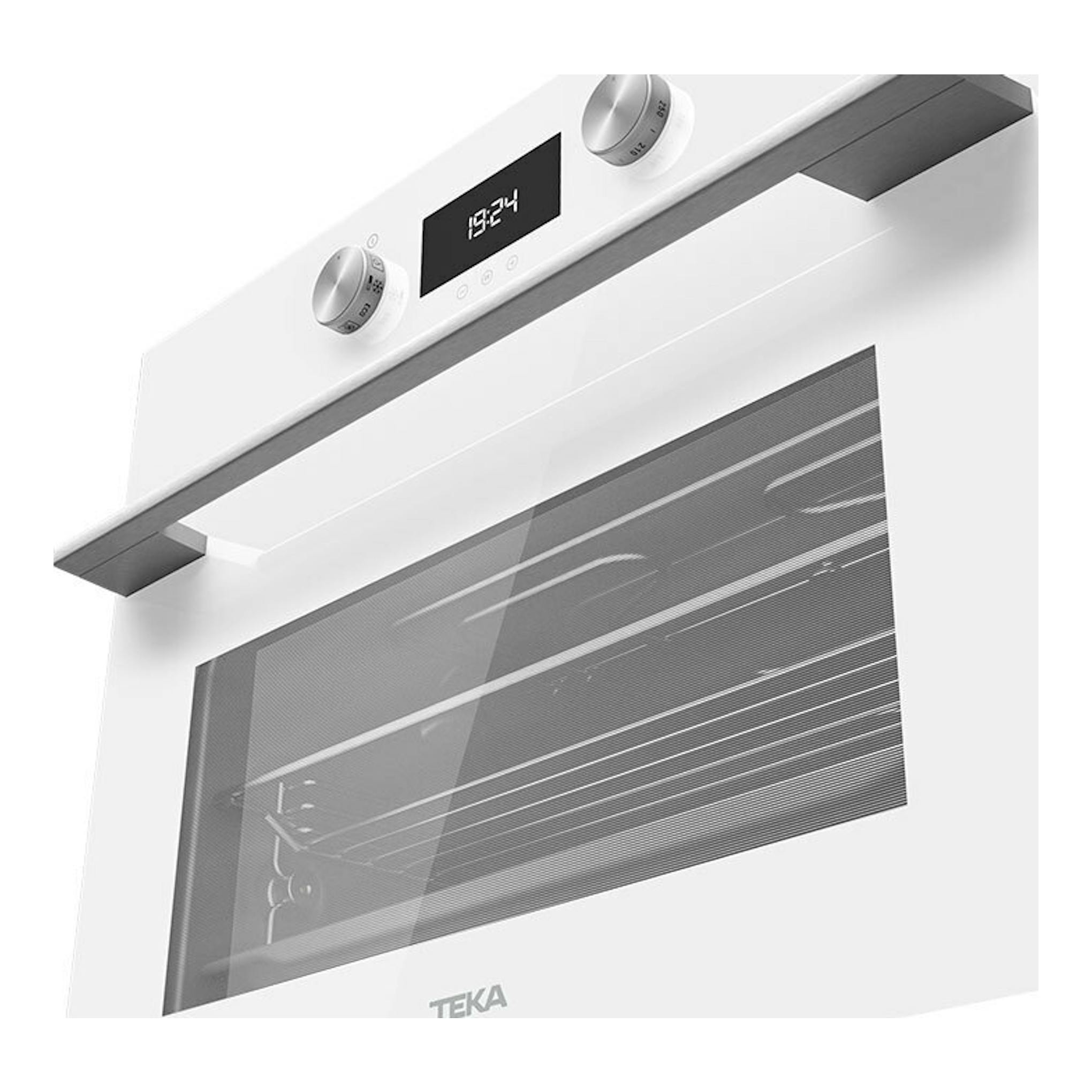 Horno Teka HLC8400 WH blanco, vista frontal inclinada, con dos mandos y pantalla digital.