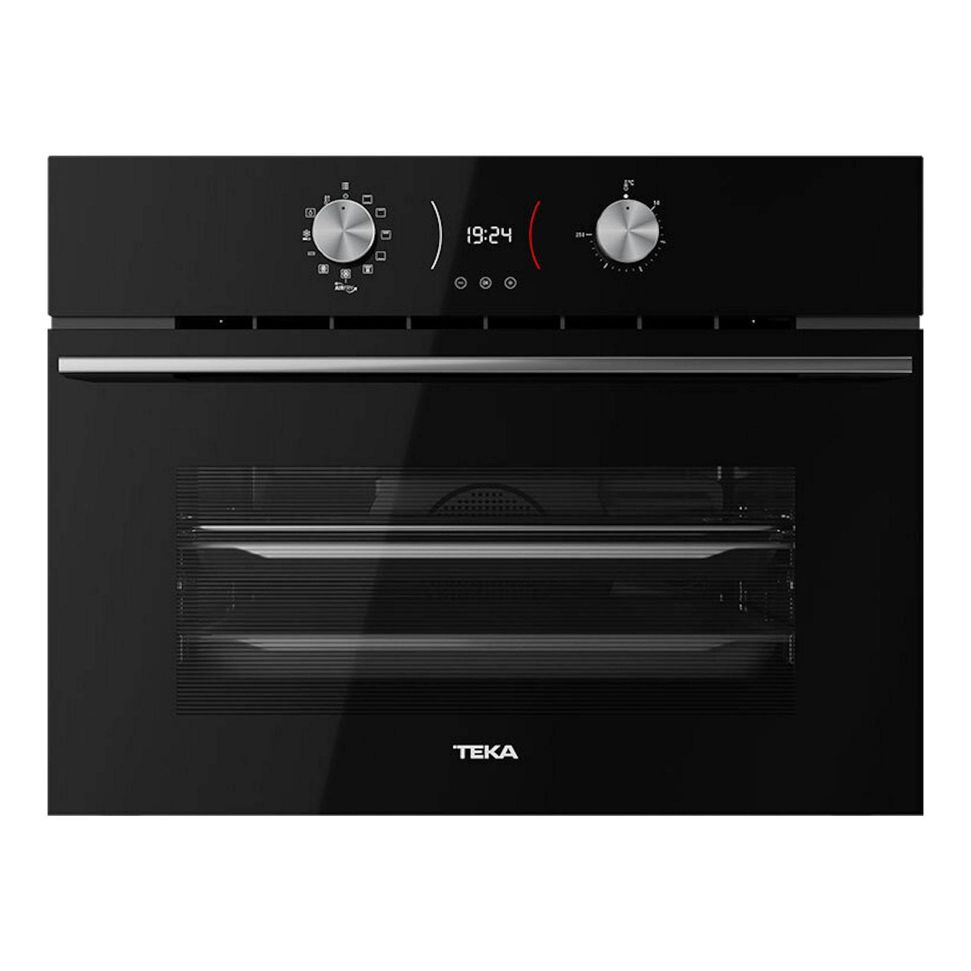 Horno Teka HLC8406 de cristal negro, vista frontal, con dos mandos y display central.