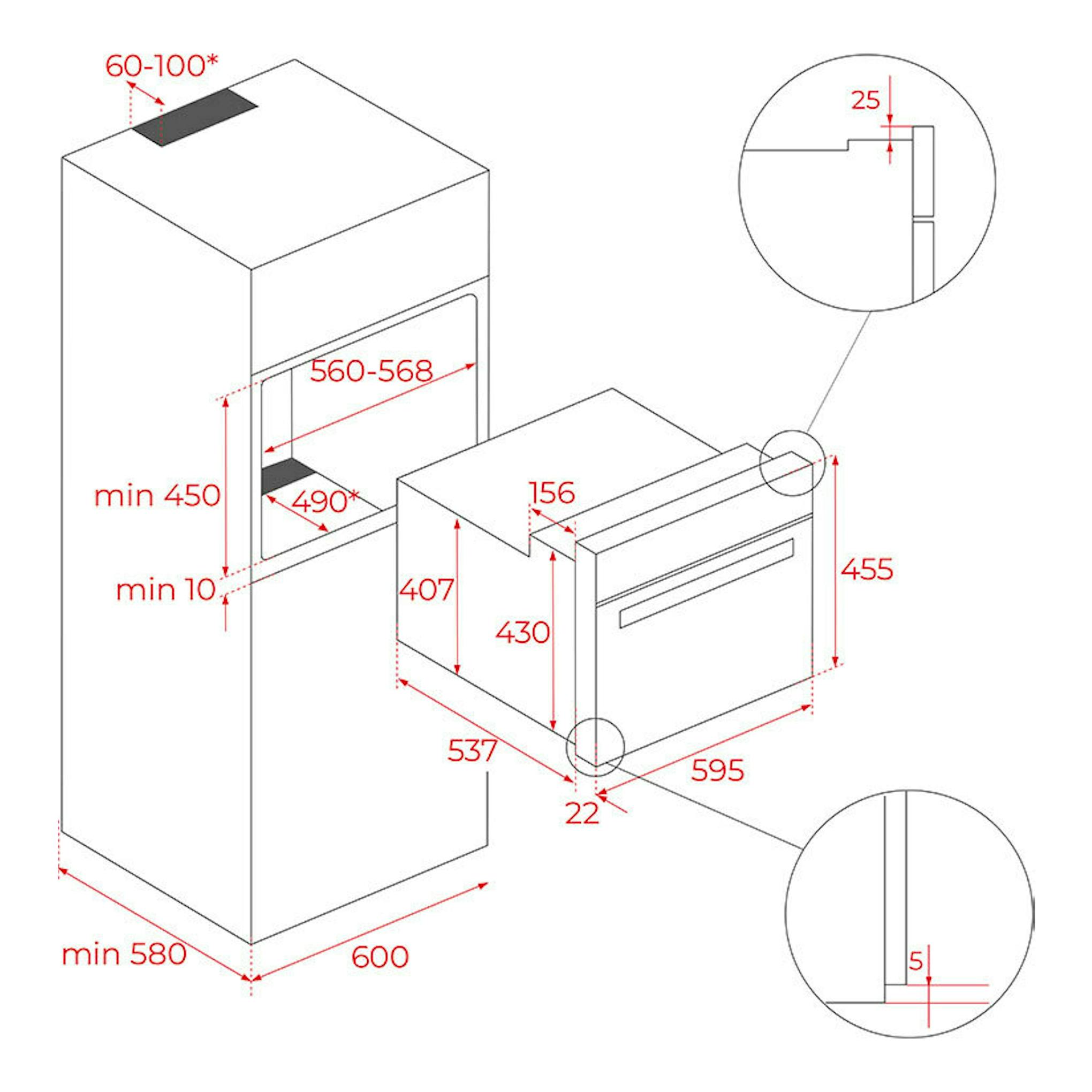Diagrama técnico del horno Teka HLC8406 en cristal negro, vista isométrica con medidas de instalación.