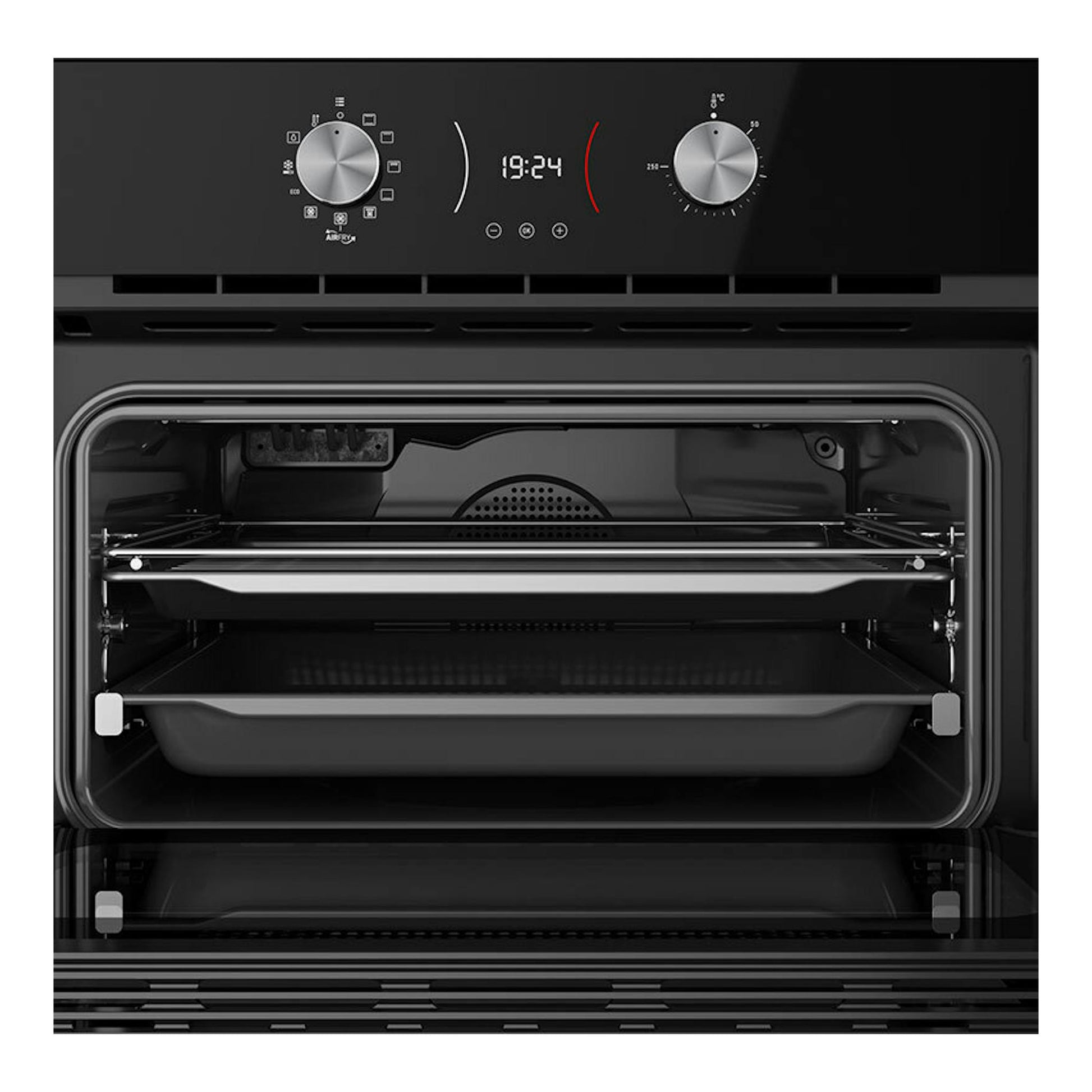 Horno Teka HLC8406 de cristal negro, vista frontal con la puerta abierta y el interior visible.