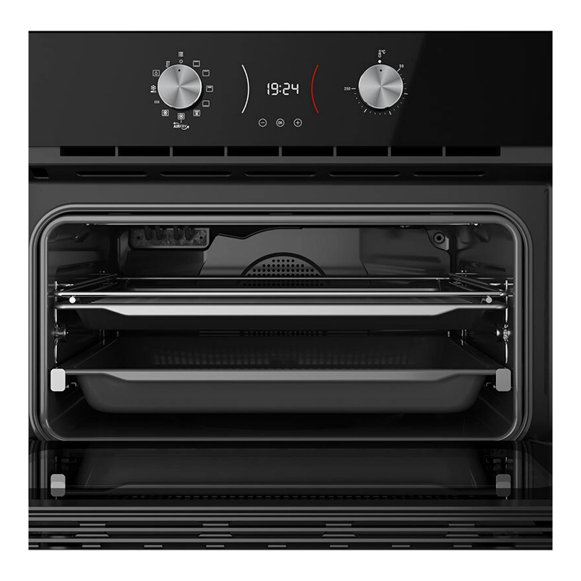 Horno Teka HLC8406 de cristal negro, vista frontal con la puerta abierta y el interior visible.