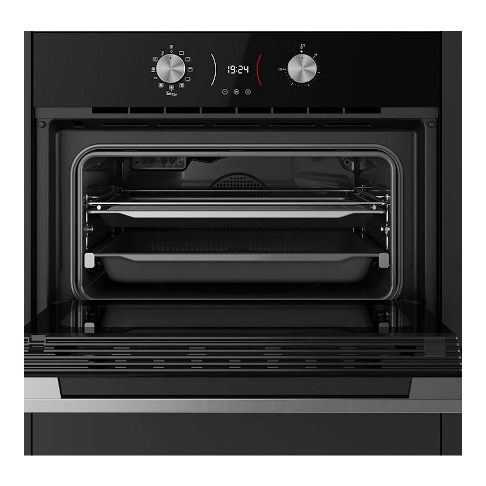 Horno Teka HLC8406 de cristal negro, vista frontal con puerta abierta e interior visible.