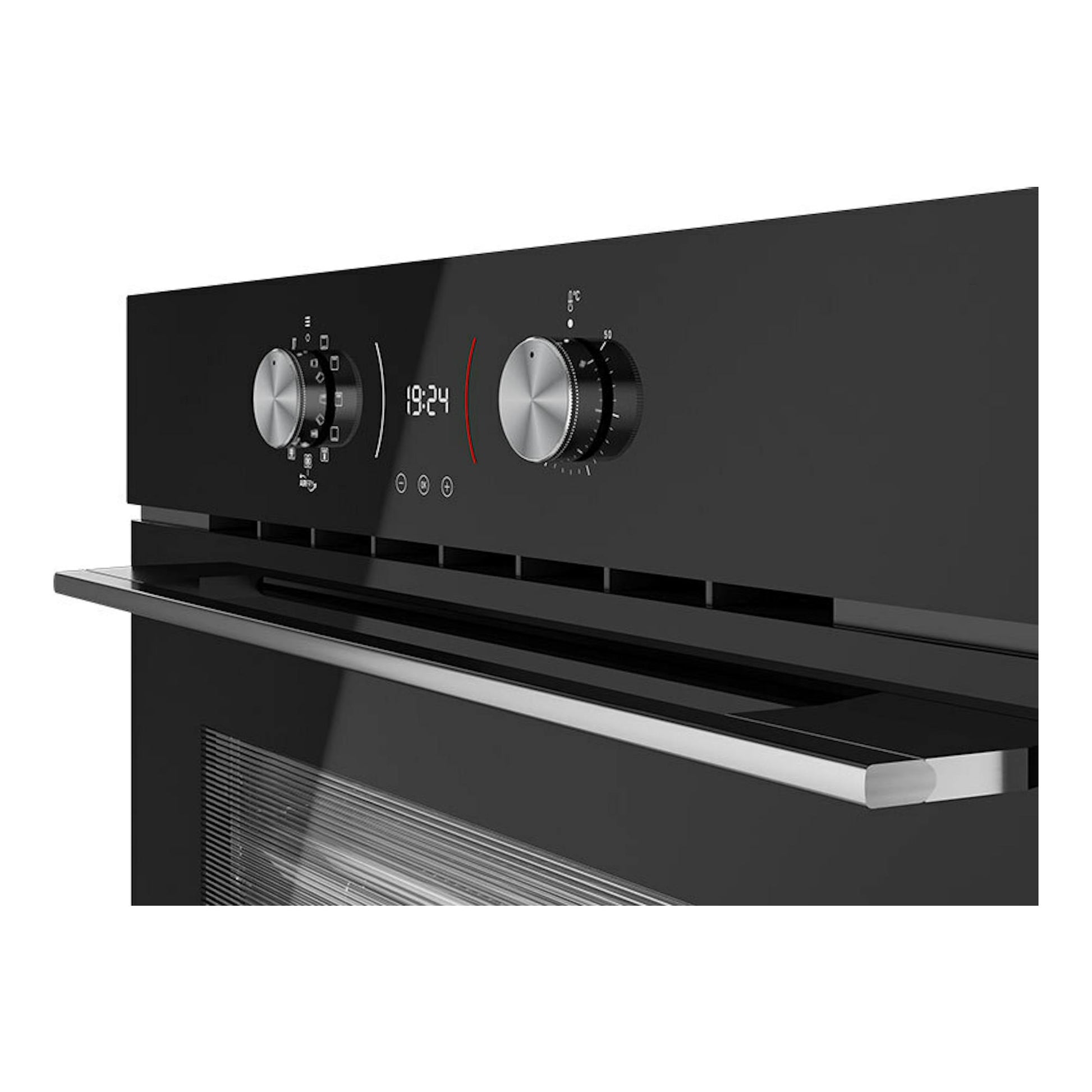 Horno Teka HLC8406 de cristal negro, vista frontal parcial con panel digital y dos mandos.
