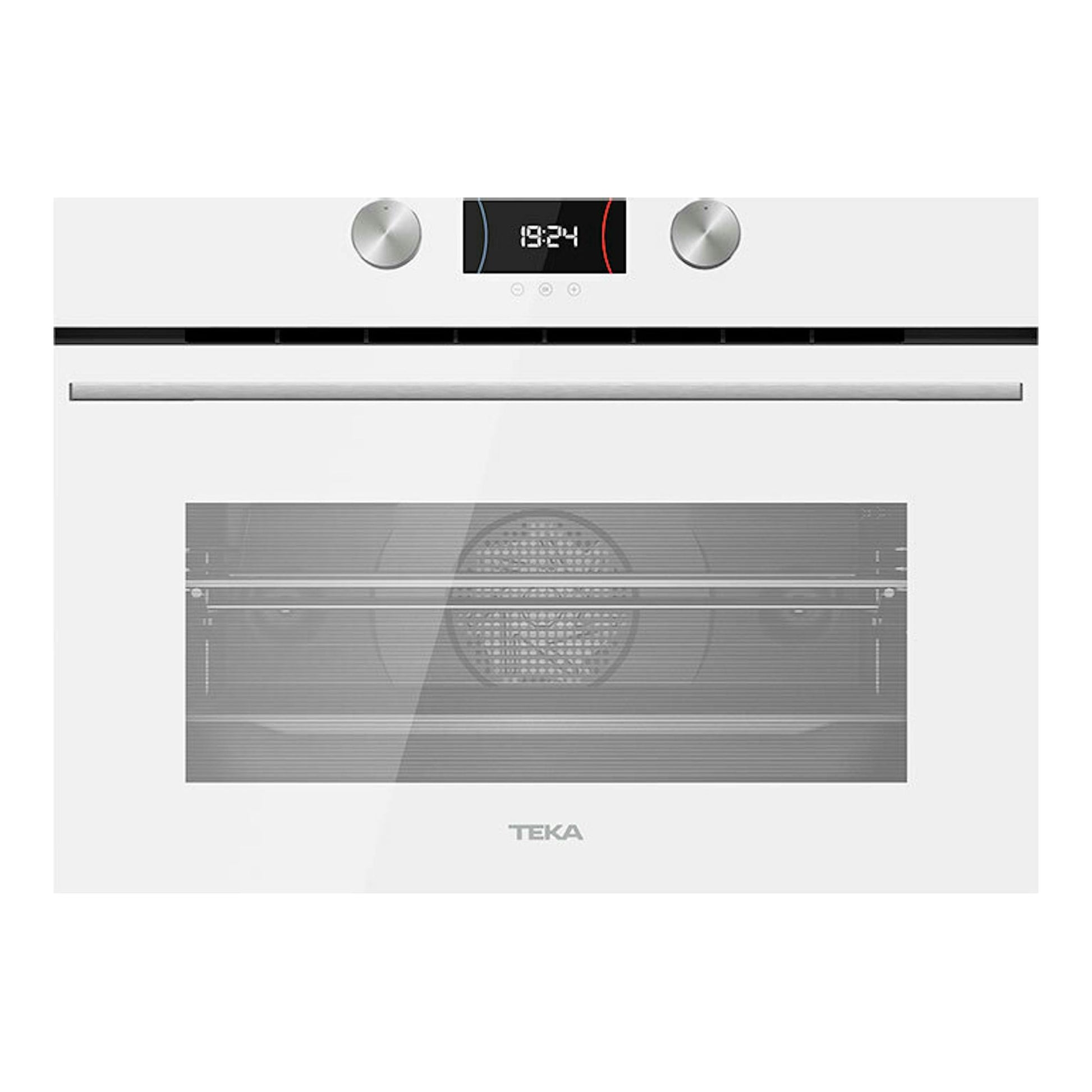 Horno Teka HLC8440 de cristal blanco, vista frontal, con dos mandos y pantalla digital.
