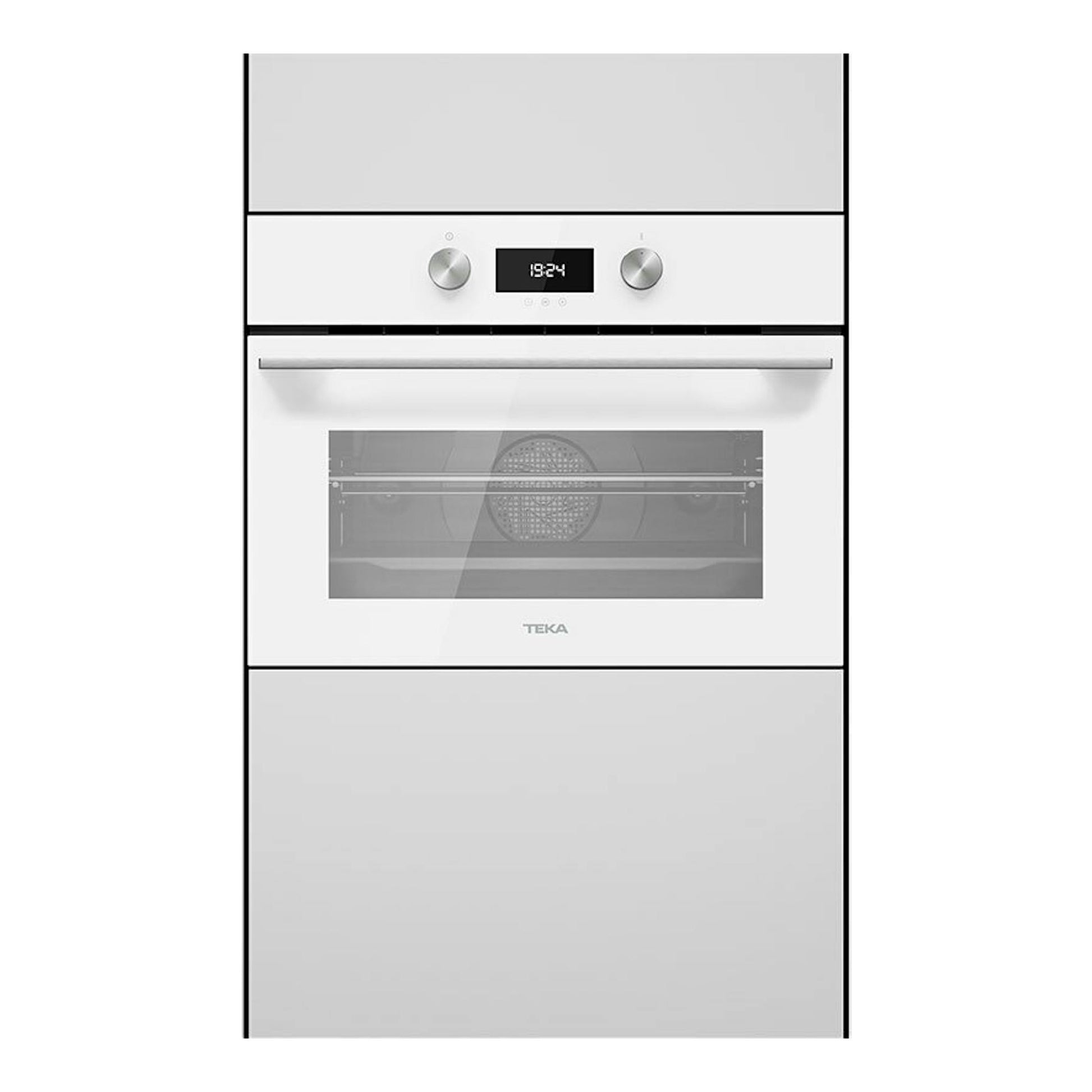 Horno Teka HLC8440 blanco, vista frontal, con puerta de cristal, display y dos mandos.