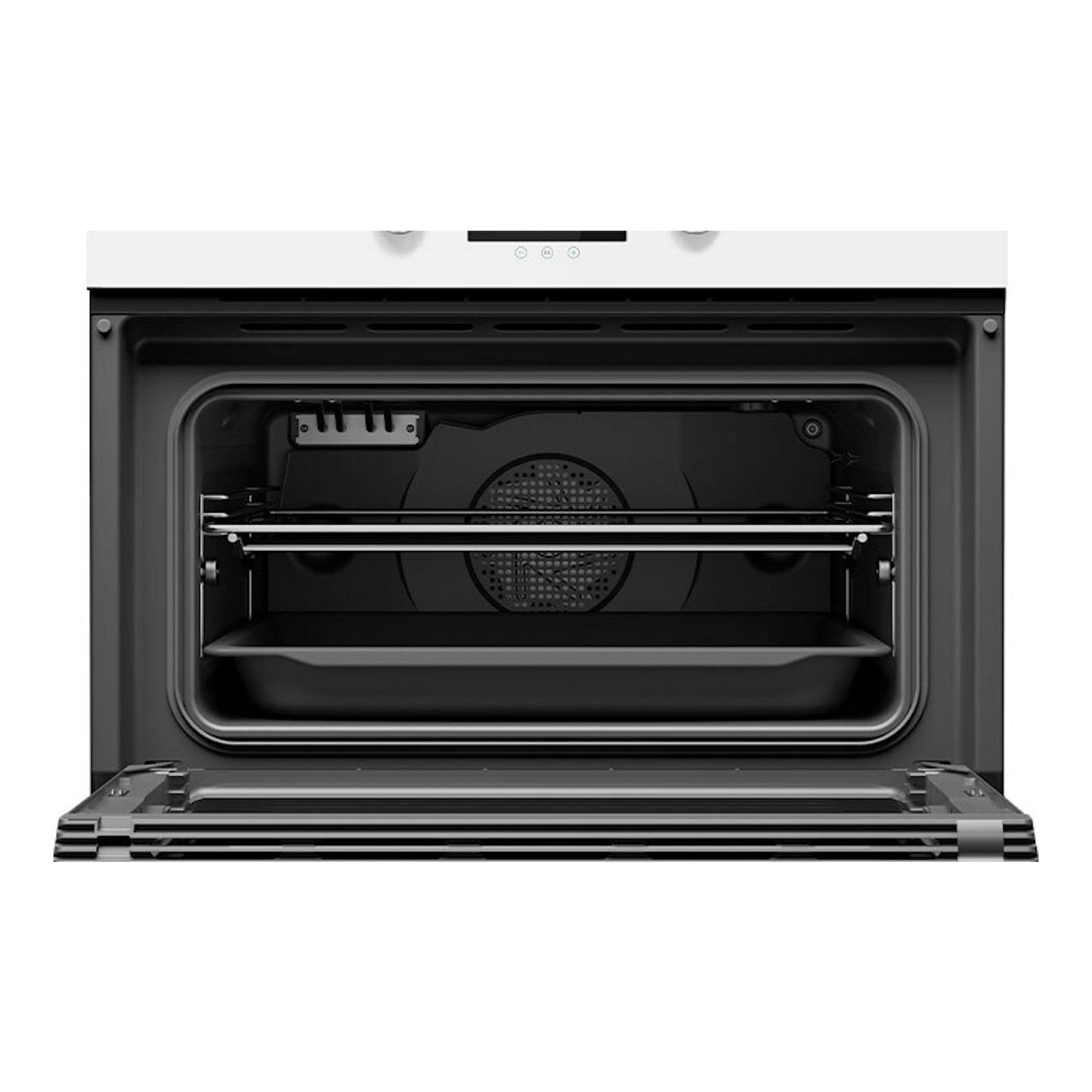 Horno Teka HLC8440 Cristal Blanco, vista frontal abierto, interior negro con bandeja y rejilla.
