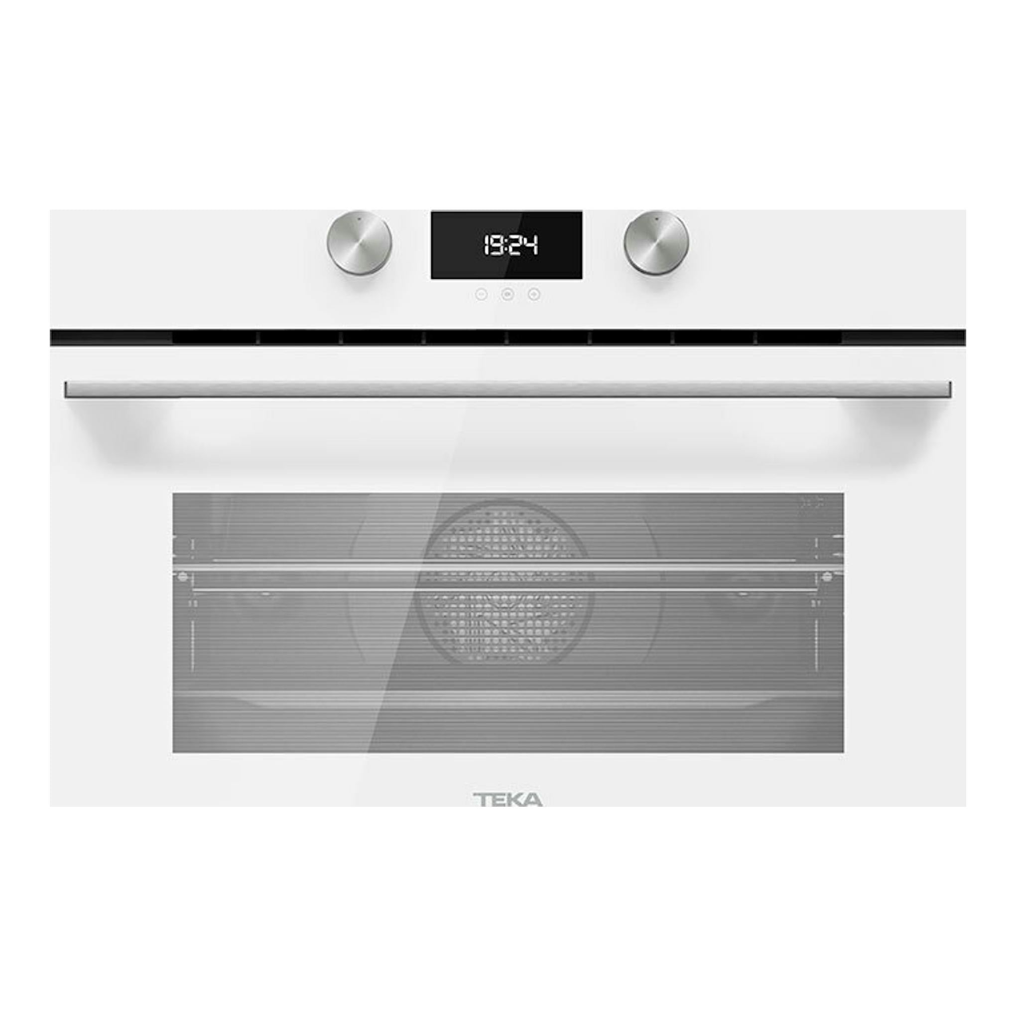 Horno Teka HLC8440 de cristal blanco, vista frontal, con panel digital y dos mandos plateados.