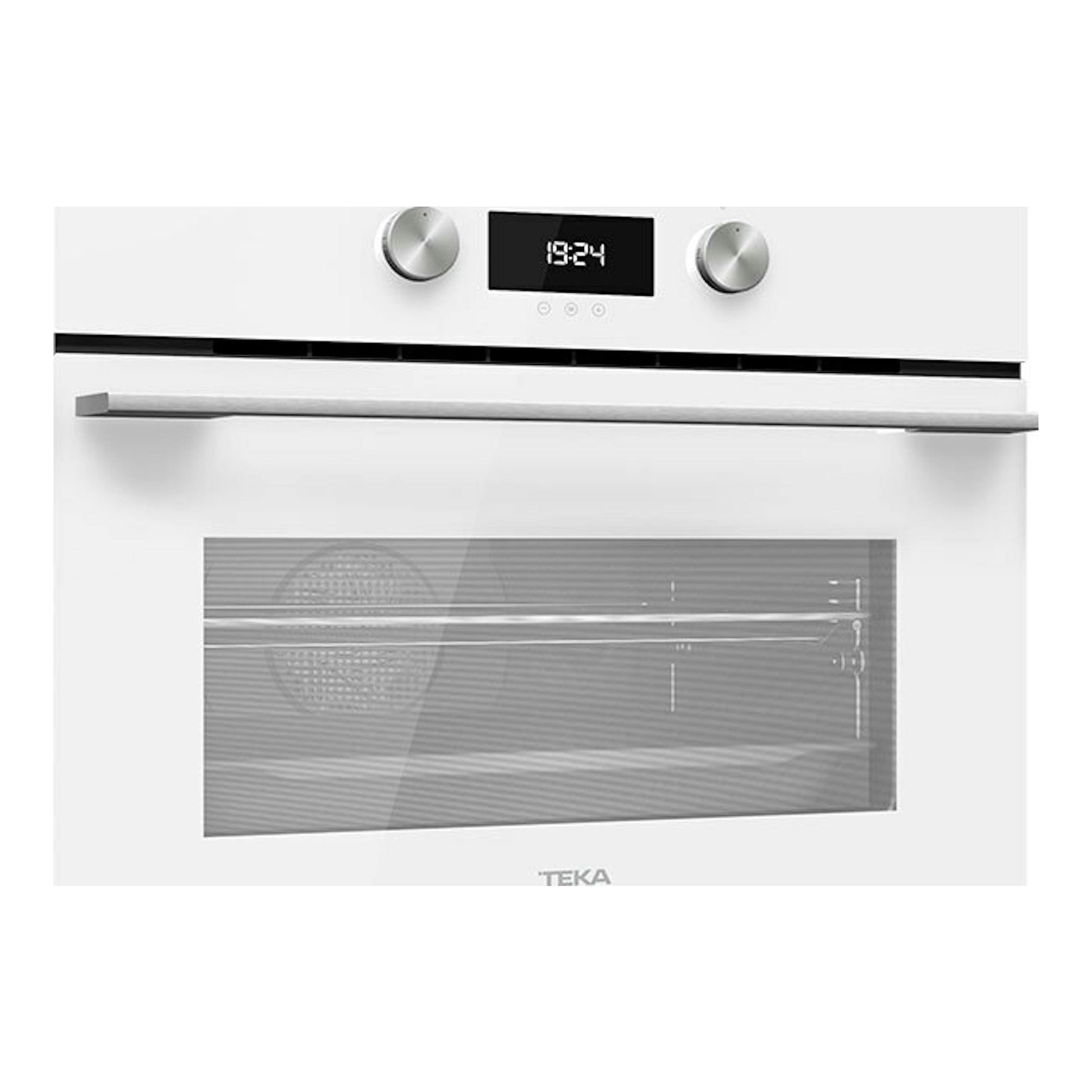 Horno Teka HLC8440 de cristal blanco, vista frontal, con display digital y dos mandos plateados.