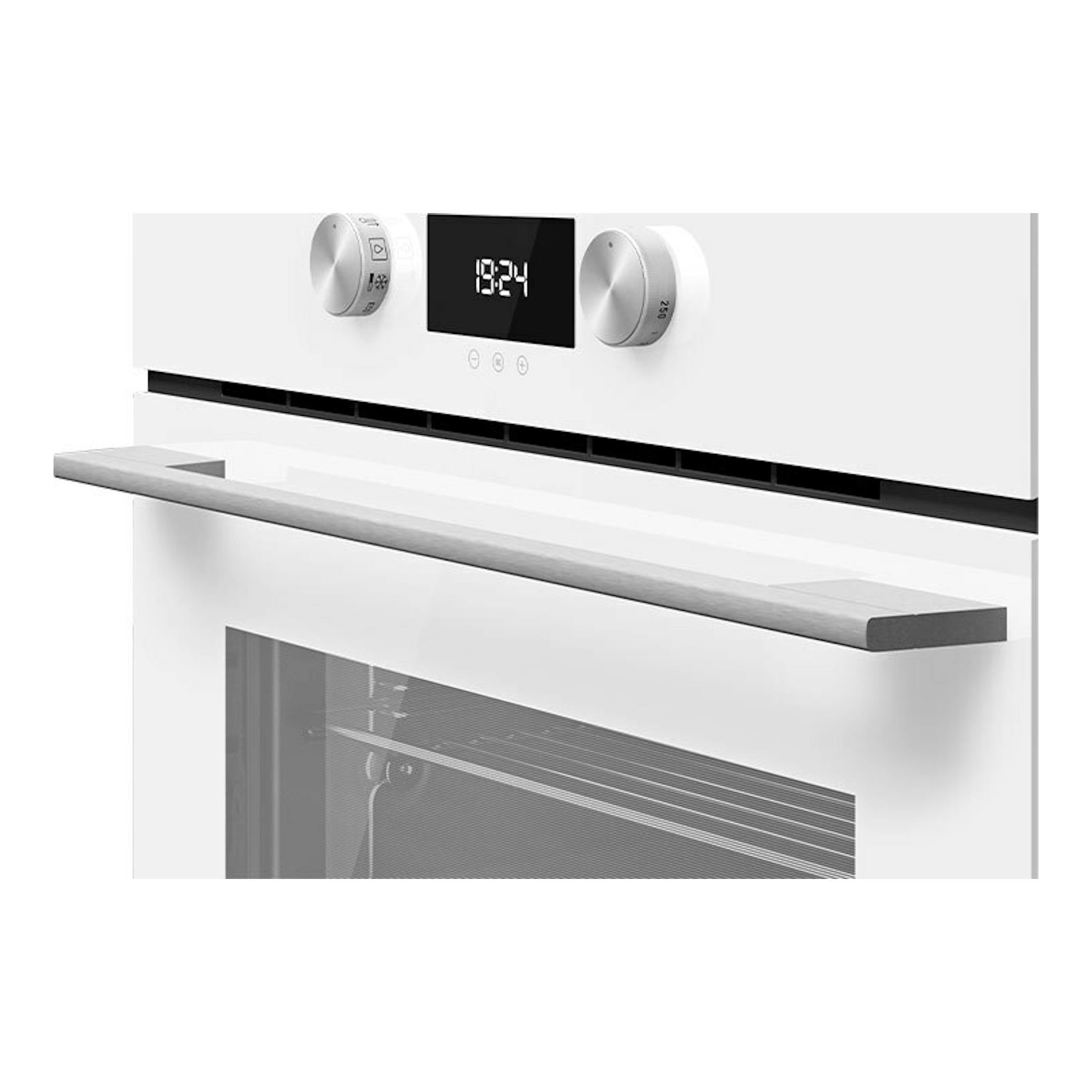 Horno Teka HLC8440 de cristal blanco, vista frontal con puerta abierta, dos mandos y display central.