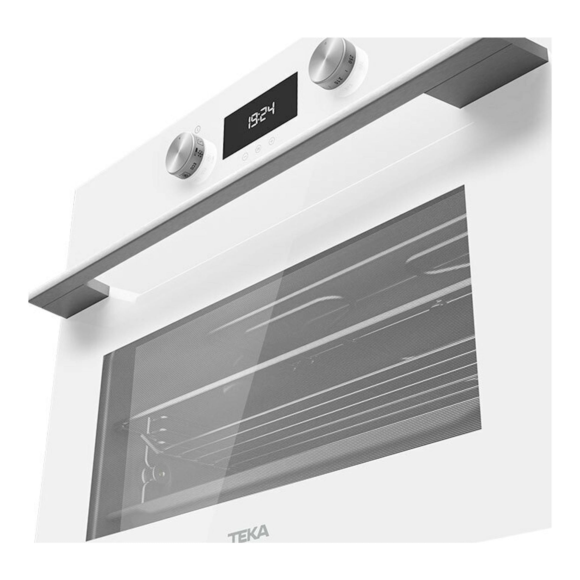 Horno Teka HLC8440 blanco, vista frontal inclinada, con panel digital y puerta de cristal.