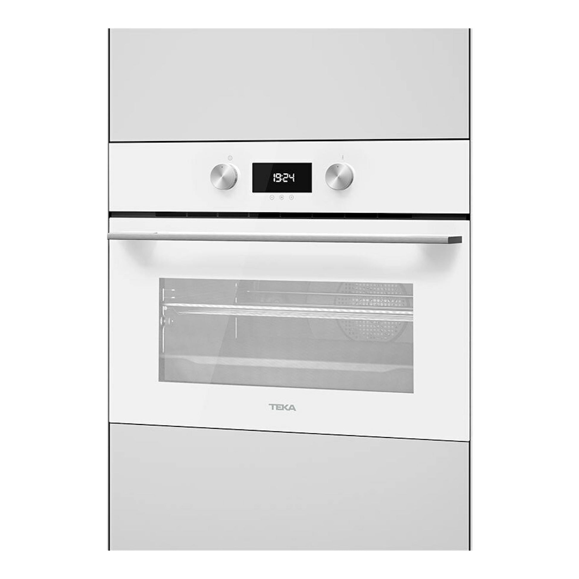 Horno empotrable Teka HLC8440 en cristal blanco, vista frontal, con dos mandos y display digital.