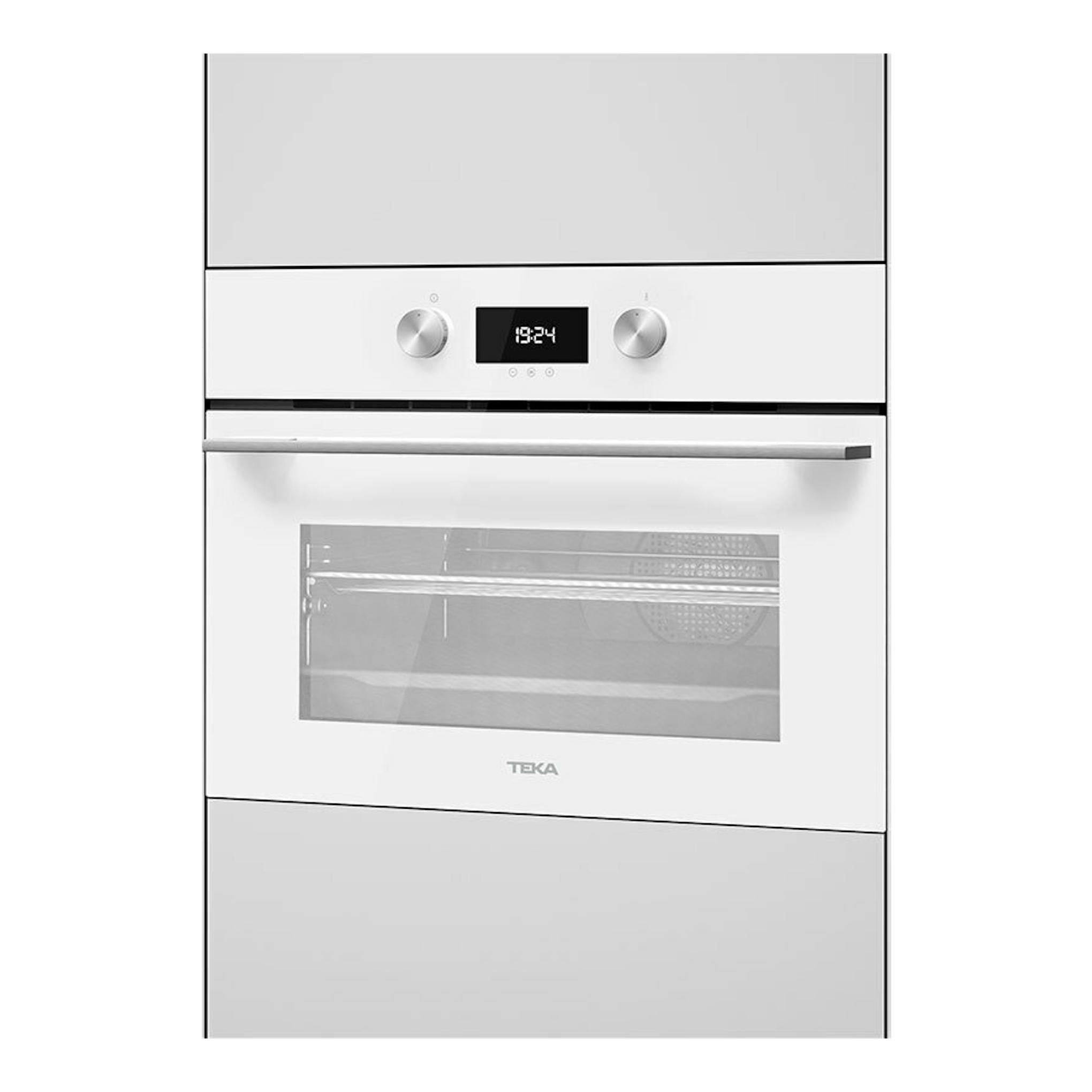 Horno empotrable Teka HLC8440 en cristal blanco, vista frontal, con dos mandos y display digital.