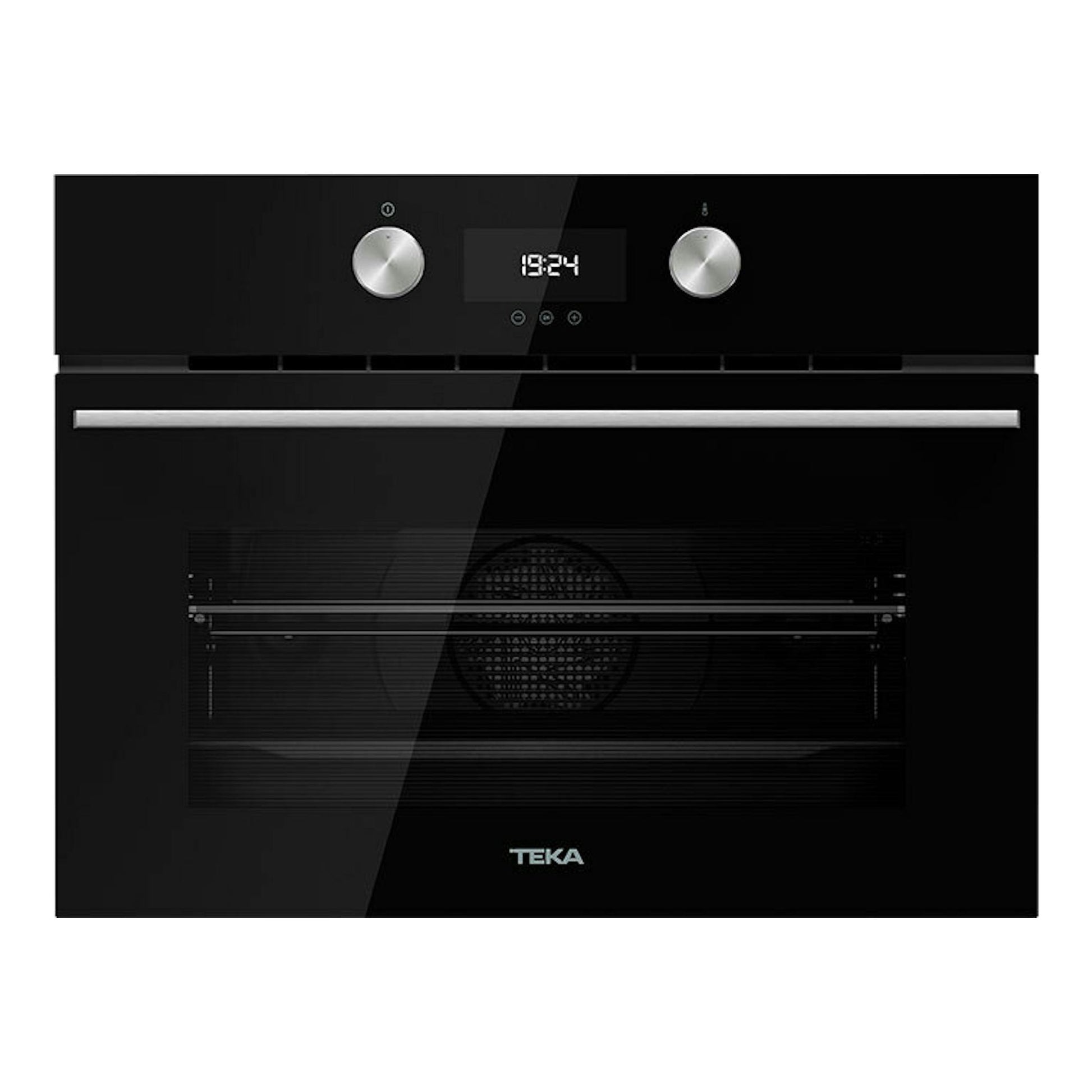 Horno Teka HLC8440 de cristal negro, vista frontal, con dos mandos plateados y display digital.