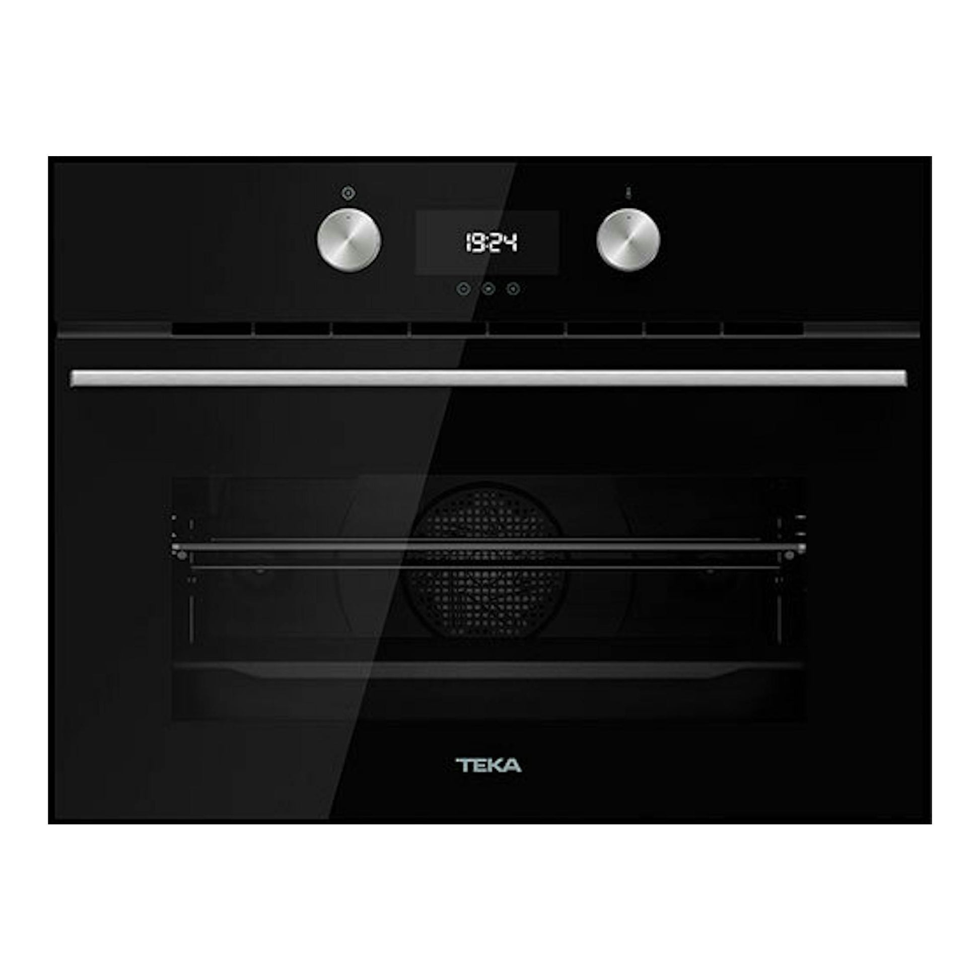 Horno empotrado Teka HLC8440 de cristal negro, vista frontal, con display digital y dos mandos plateados.