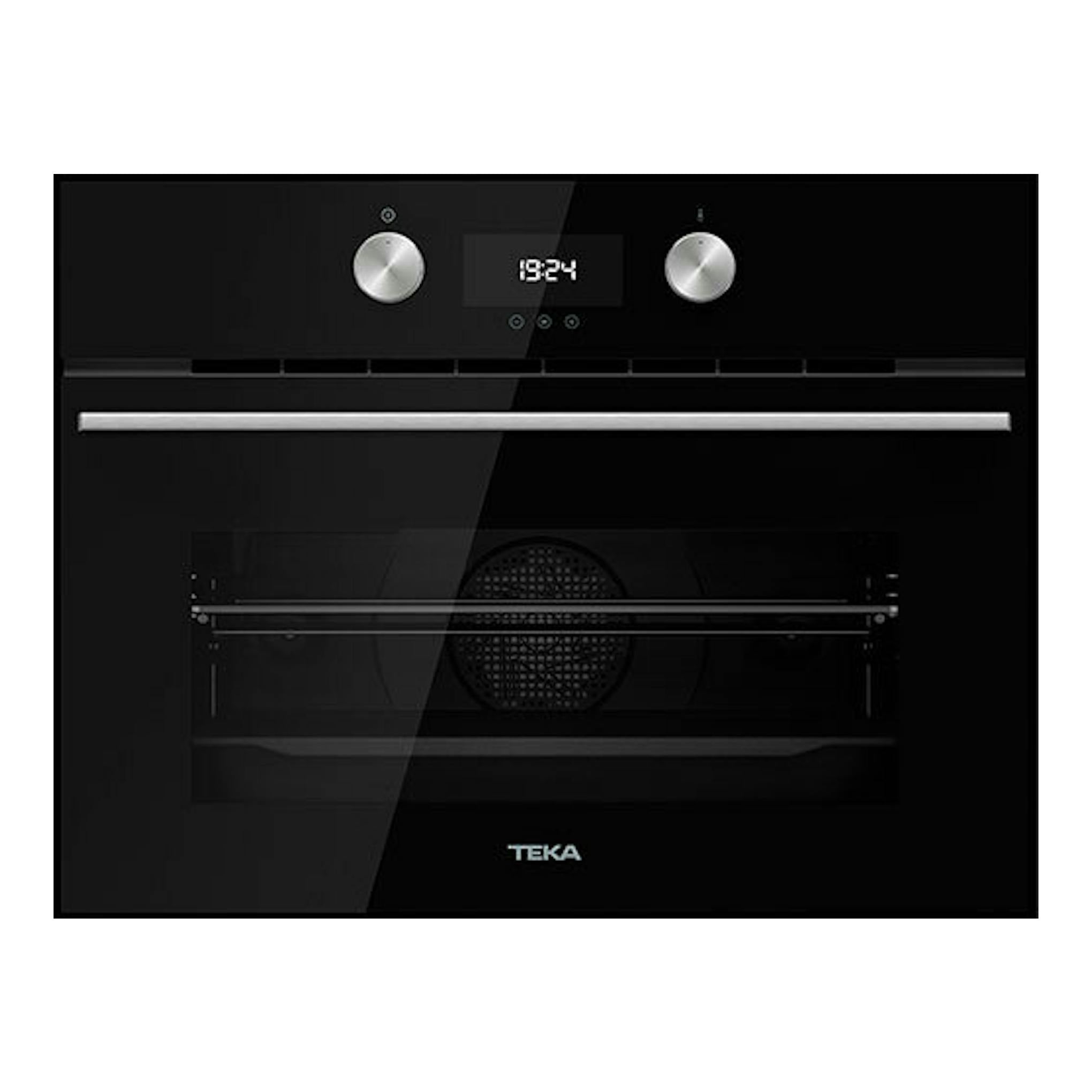 Horno empotrado Teka HLC8440 de cristal negro, vista frontal, con display digital y dos mandos plateados.