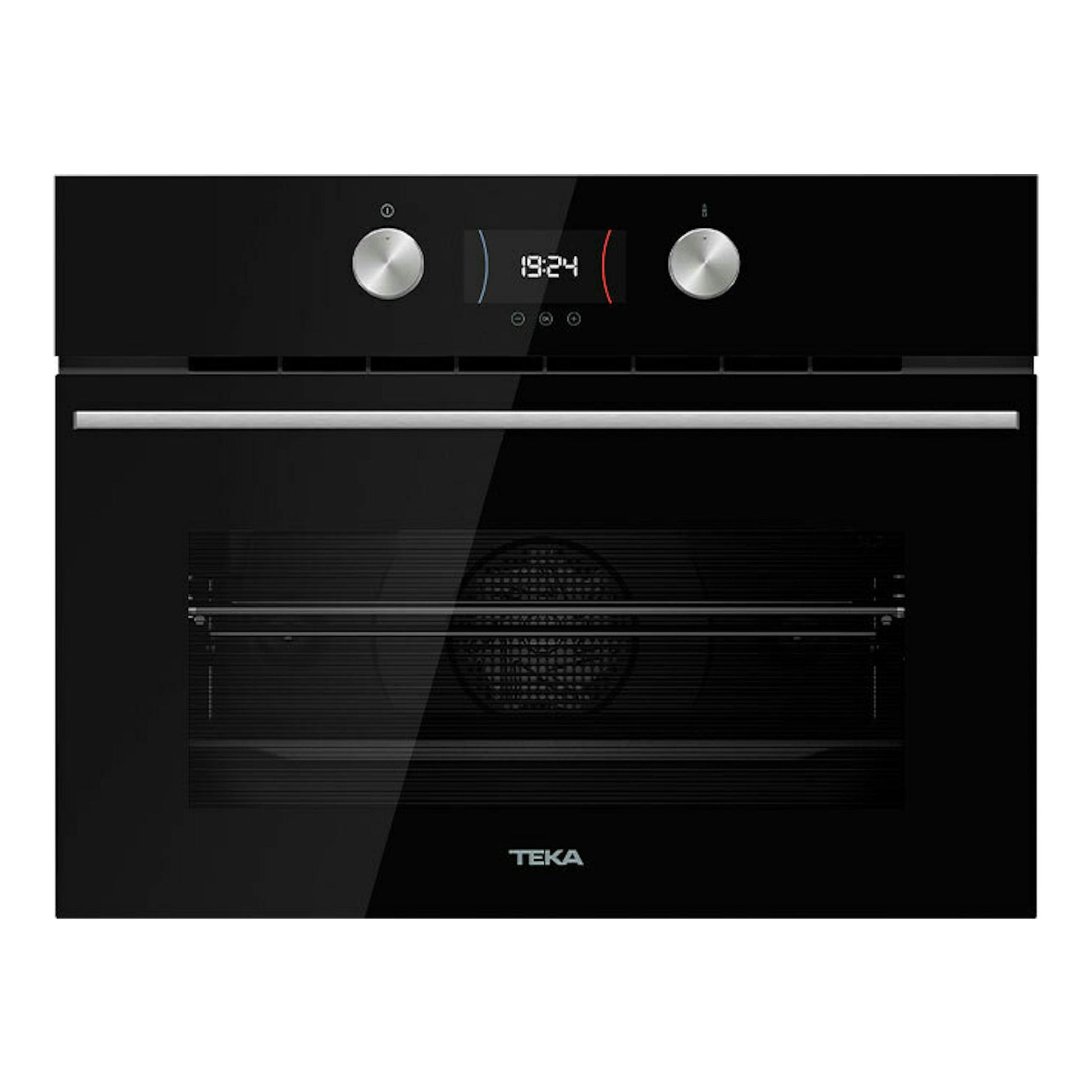 Horno empotrable Teka HLC8440 de cristal negro, vista frontal, con dos mandos y display digital.