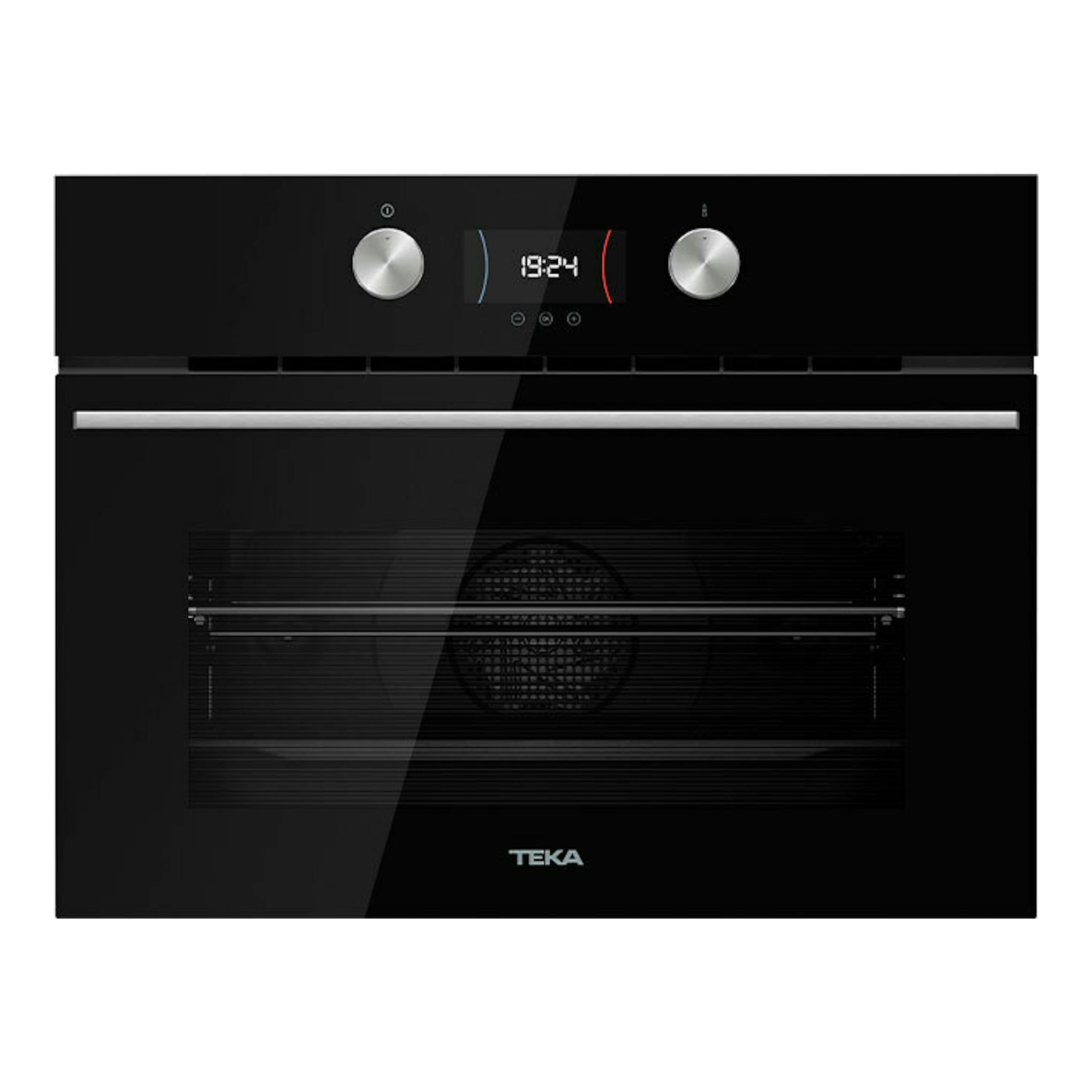 Horno empotrable Teka HLC8440 de cristal negro, vista frontal, con dos mandos y display digital.