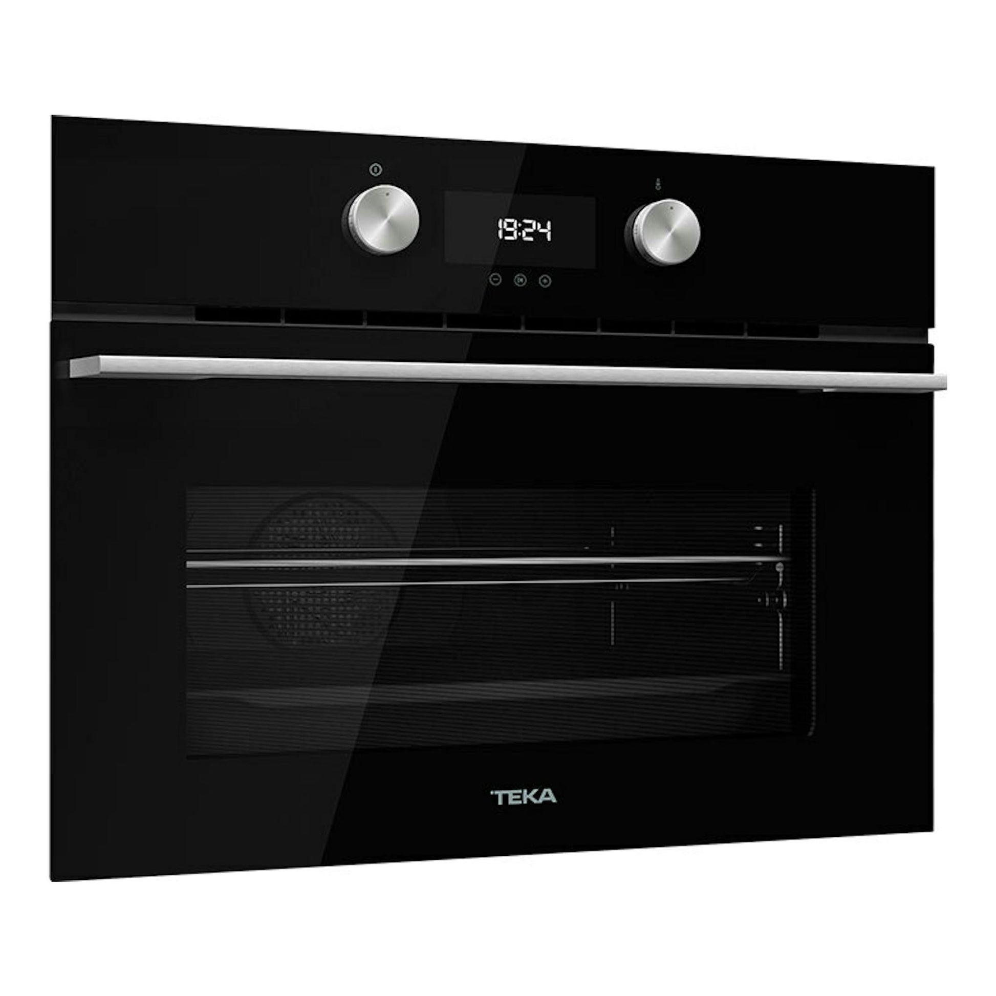 Horno Teka HLC8440 de cristal negro, vista frontal, con dos mandos y display digital.