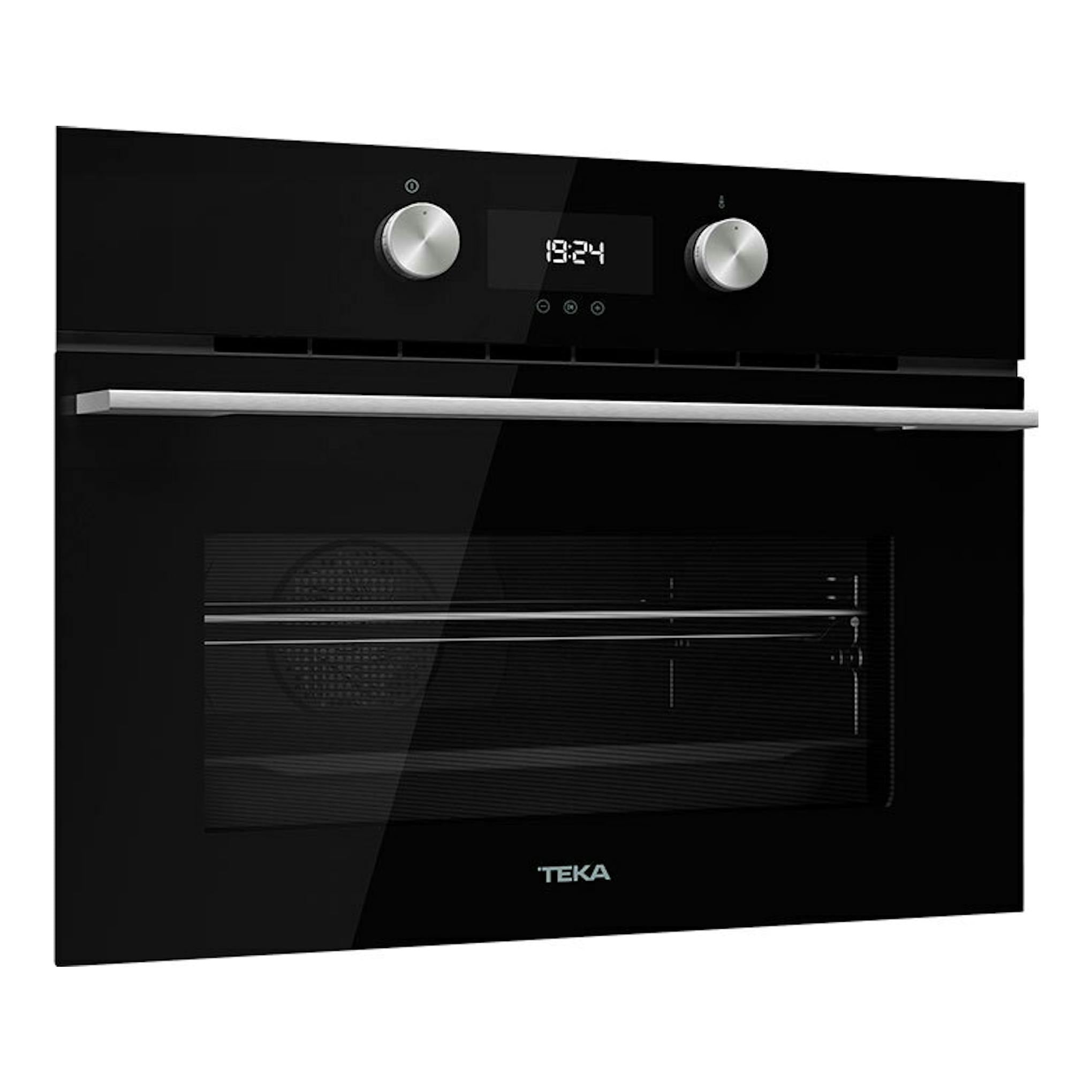 Horno Teka HLC8440 de cristal negro, vista frontal, con dos mandos y display digital.