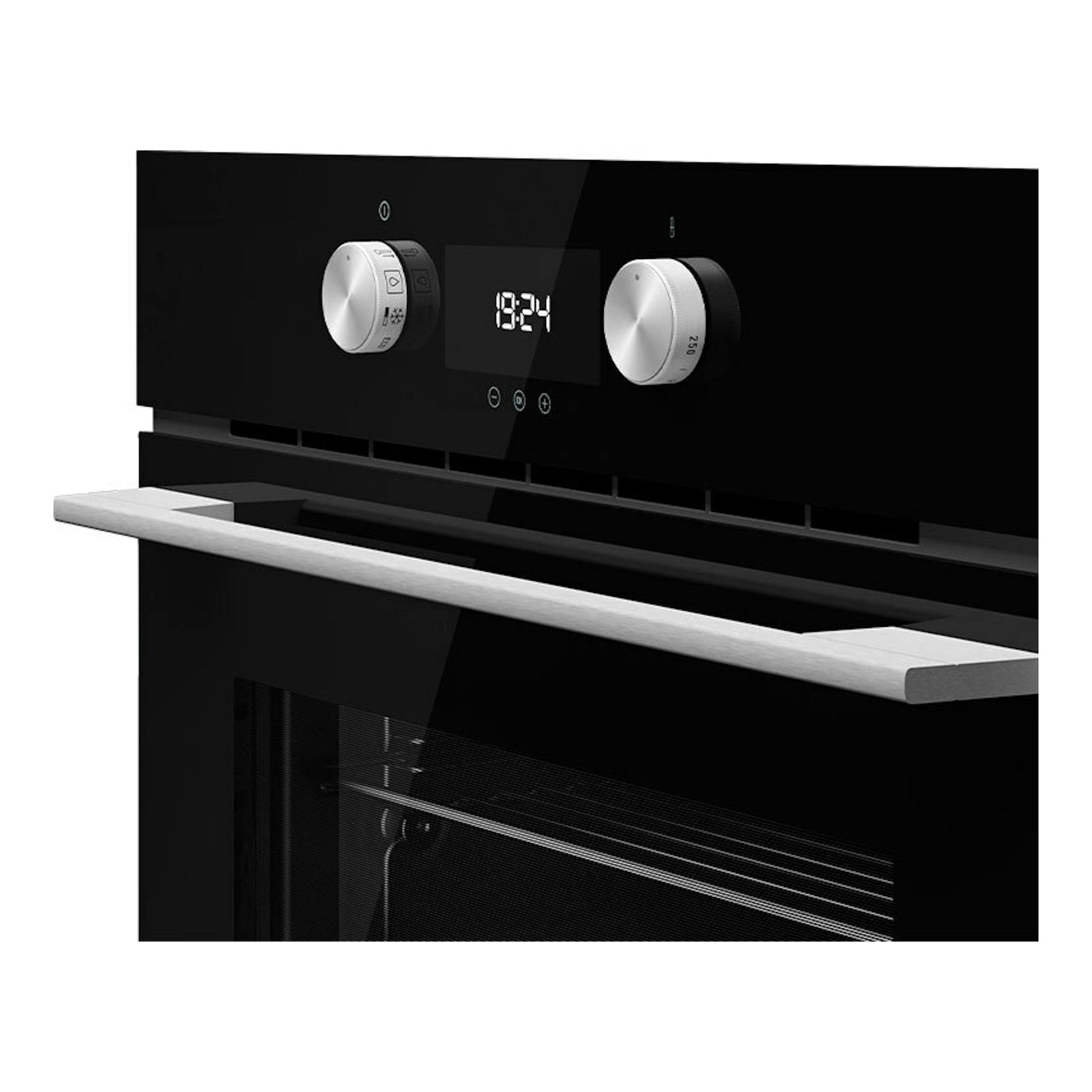 Horno empotrable Teka HLC8440 de cristal negro, vista frontal con mandos plateados y pantalla digital.