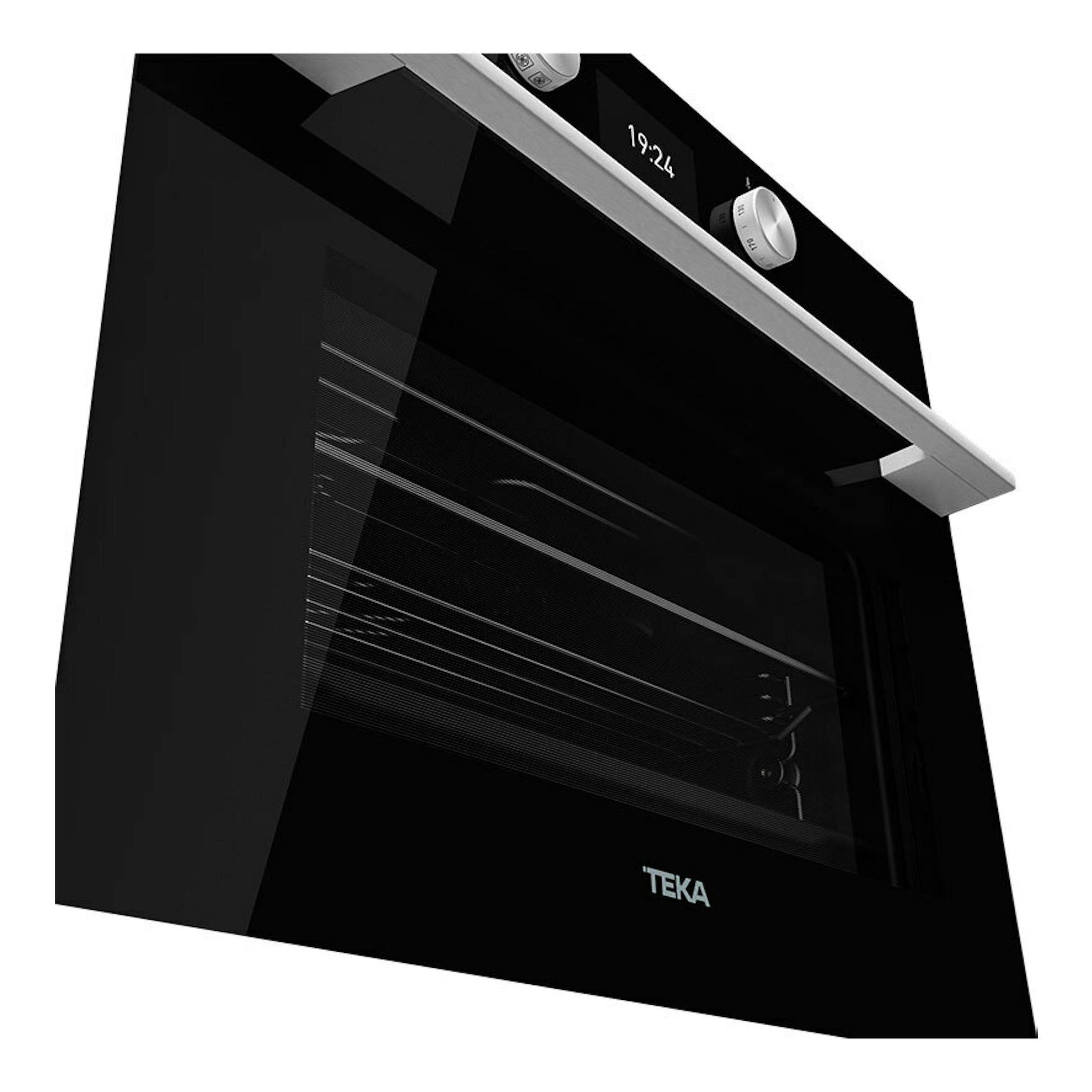 Horno Teka HLC8440 de cristal negro, vista en ángulo, con puerta de vidrio, pantalla y mandos plateados.