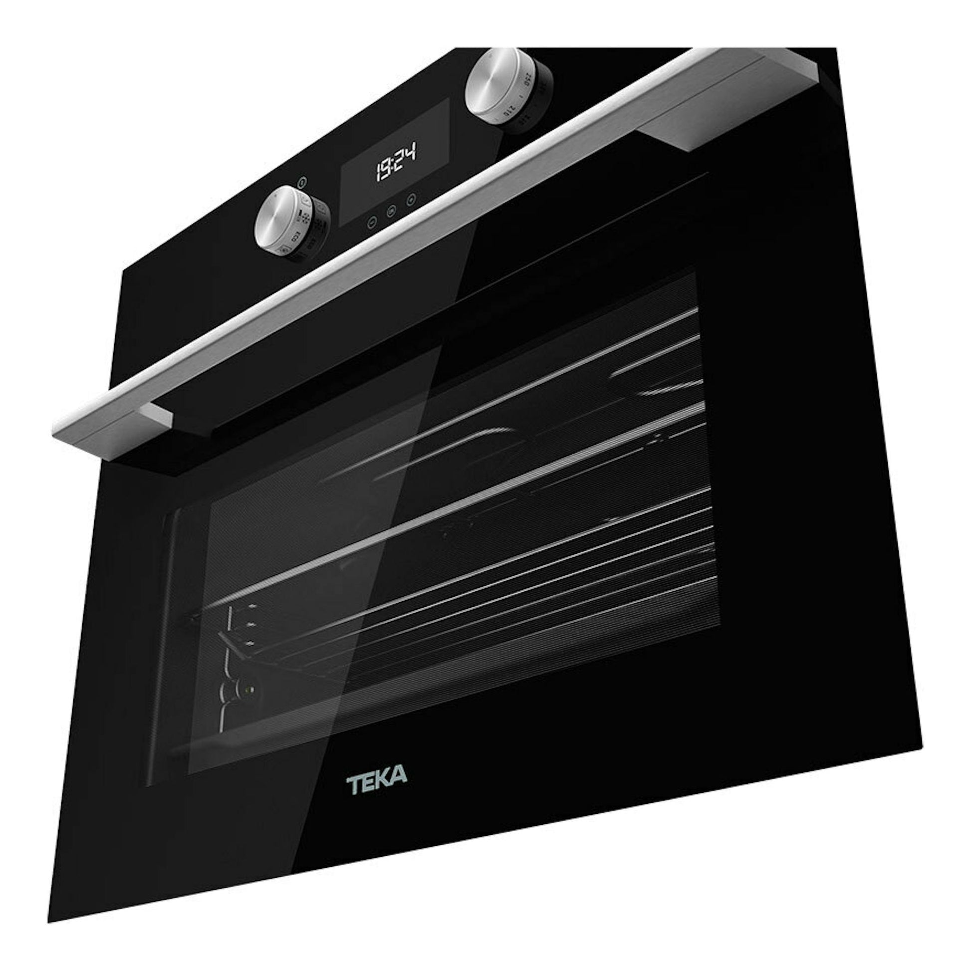 Horno Teka HLC8440 de cristal negro, vista frontal en ángulo, con dos mandos y pantalla digital.