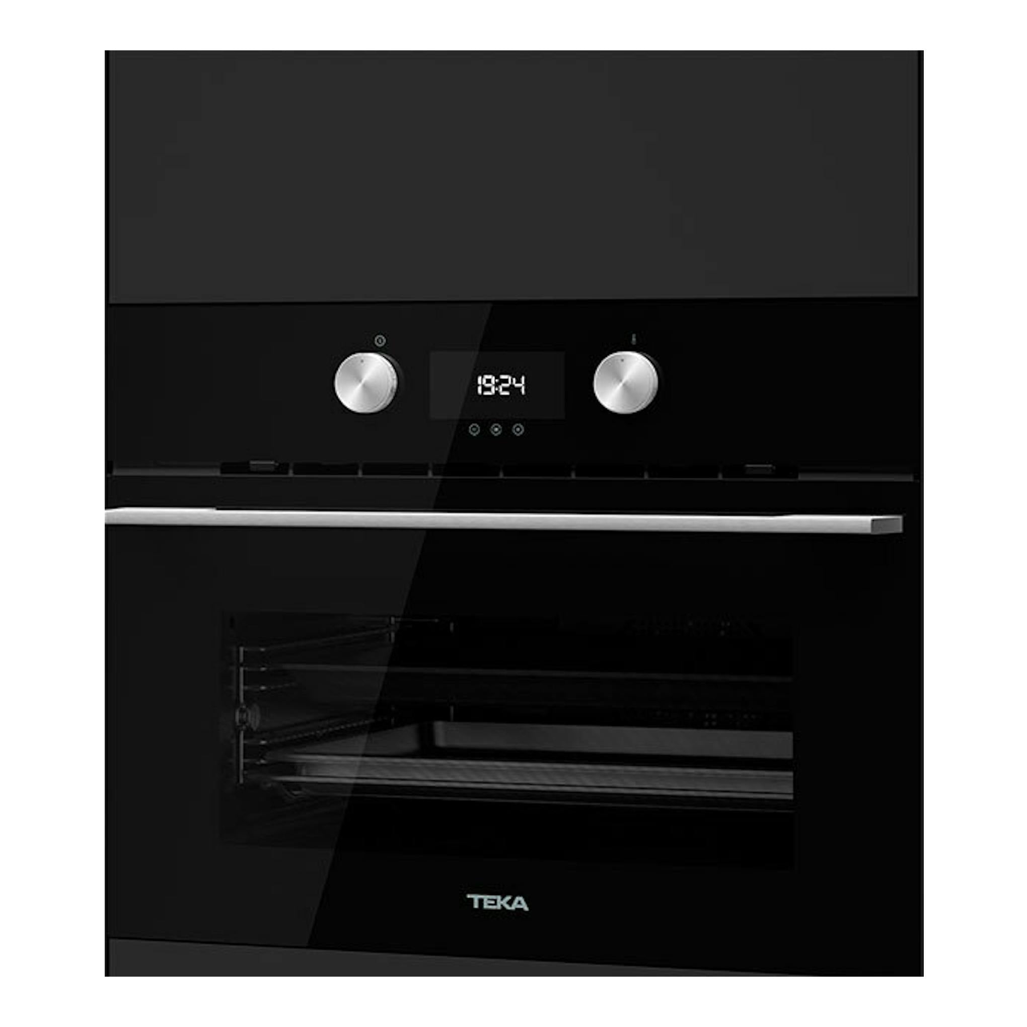 Horno empotrable Teka HLC8440 de cristal negro, vista frontal, con dos mandos y pantalla digital.